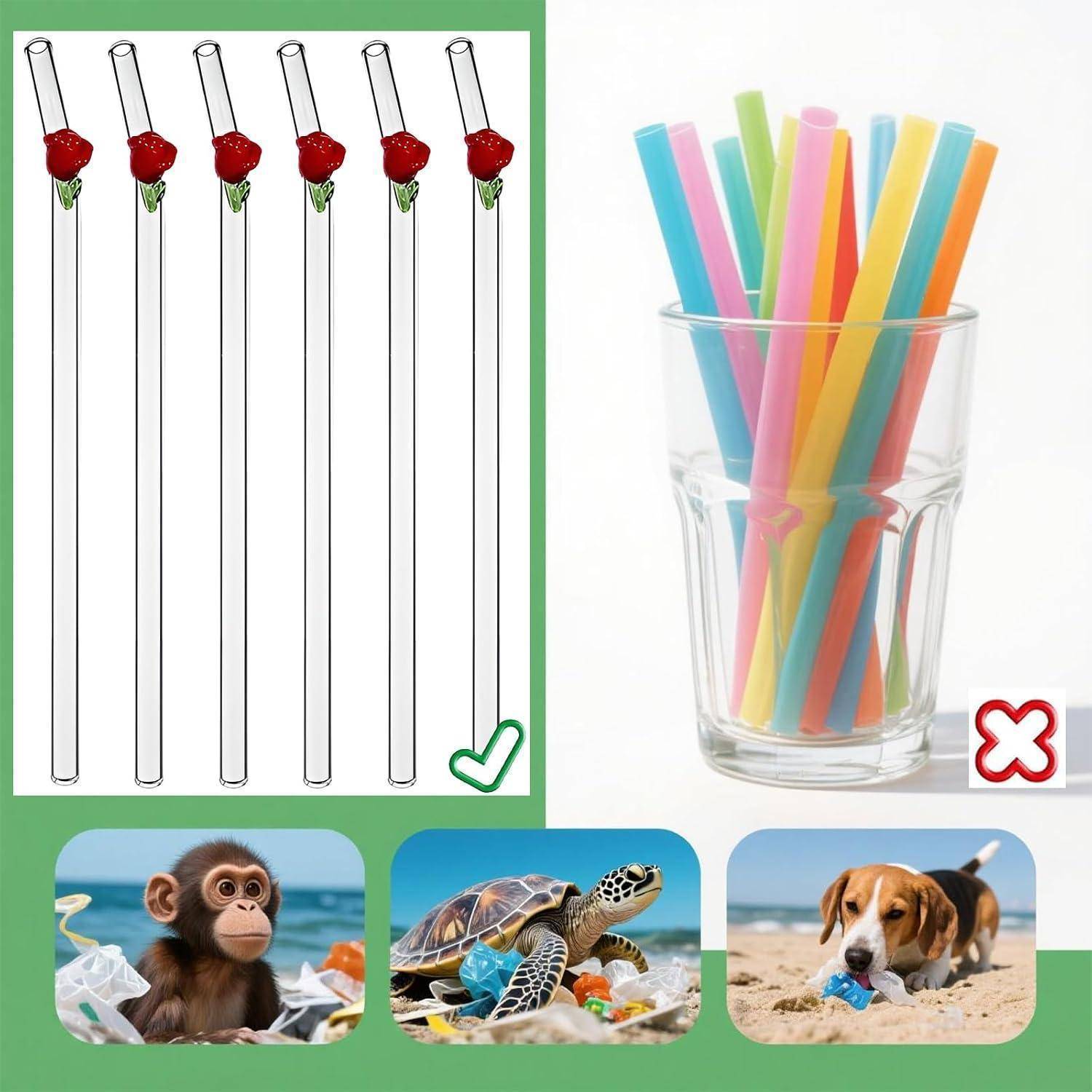 Beispiele für wiederverwendbare Strohhalme aus Glas und eine Naturwarnung: Tiere, besonders ein Affe, eine Schildkröte und ein Hund, in der Nähe von Kunststoffmüll.