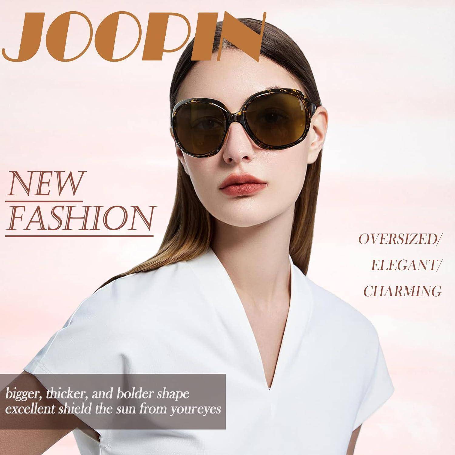 Modemagazin-Titelseite mit einer Frau in übergroßen Sonnenbrillen und weißem Oberteil, mit dem Text „JOOPIN", „NEW FASHION"" und „OVERSIZED / ELEGANT / CHARMING"".