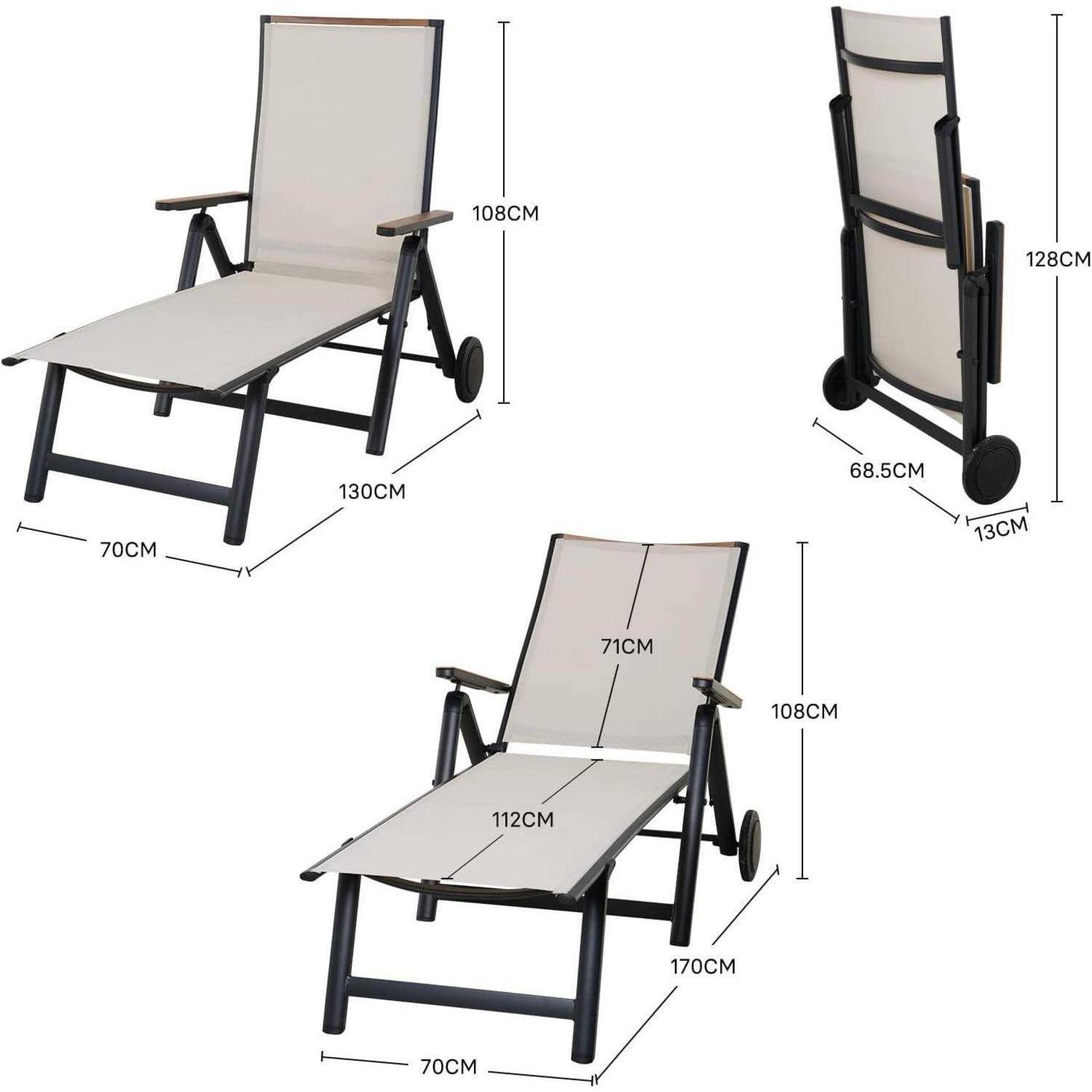 Drei Ansichten eines klappbaren Liegestuhls mit Rollen, mit Abmessungen in Zentimetern: 130 x 70 x 108 cm ausgeklappt, 68,5 x 13 x 128 cm zusammengeklappt, und 170 cm ausgestreckte Länge.