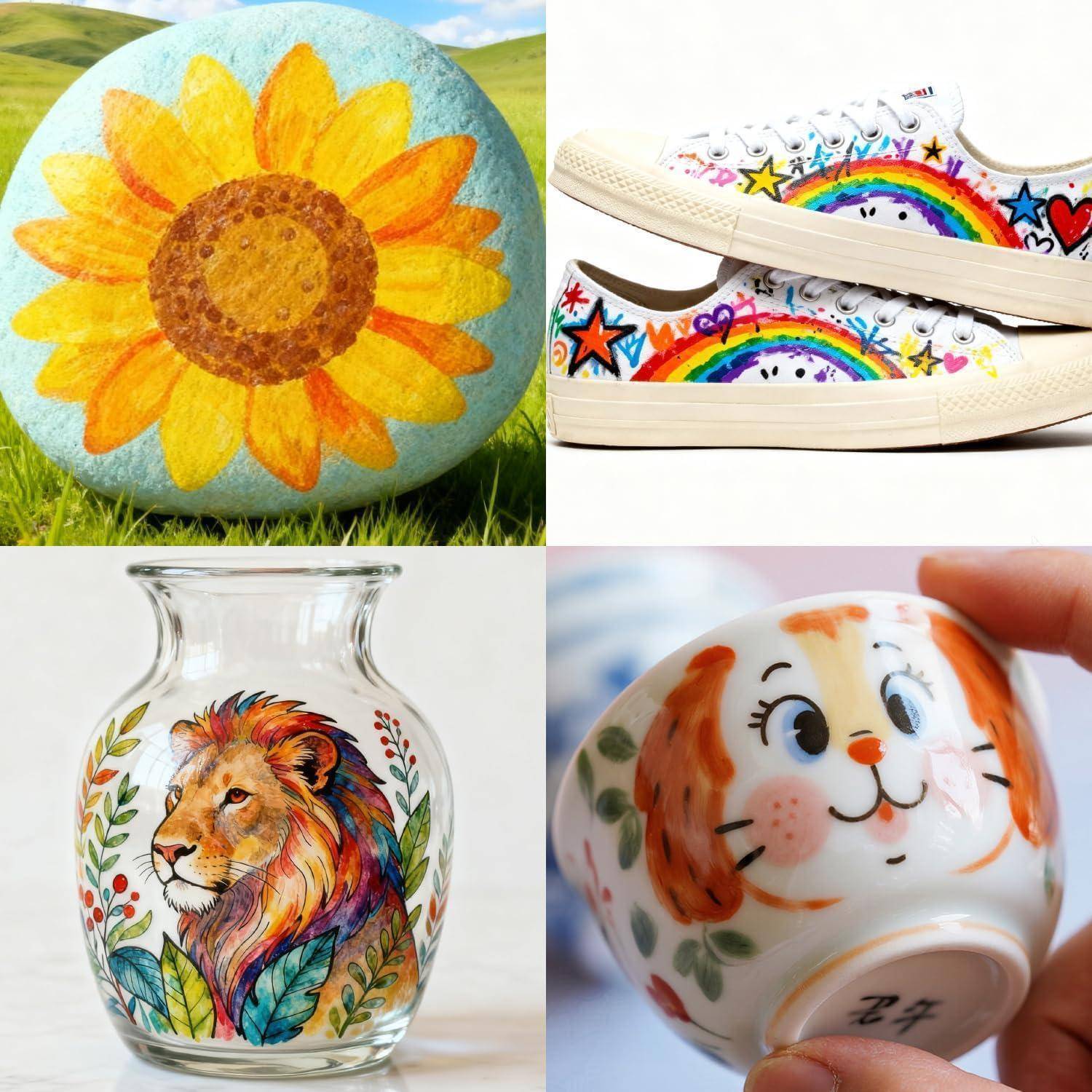Collage von bemalten Basteleien: ein bemalter Stein mit Sonnenblume, bunte Turnschuhe mit Regenbogenmuster, eine Glasvase mit Löwenverzierung und eine handbemalte Keramiktasse mit Hundegesicht.