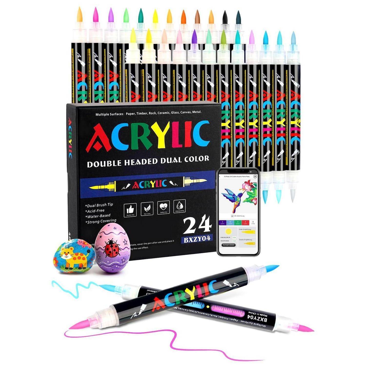 Satz aus 24 doppelköpfigen Acrylfarb-Markern mit zweifarbigen Spitzen, abgebildet in der Verpackung mit Musterzeichnungen und einem Telefon, das Kunstwerke zeigt.