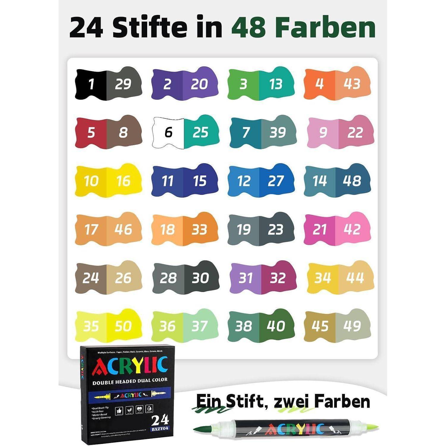 AEDAGA 24 Acrylstifte mit App, 48 Farben Doppelspitze Acrylic Marker Set | Automatische Tintensteuerung | Vielseitig einsetzbar | Farbcode | Starke