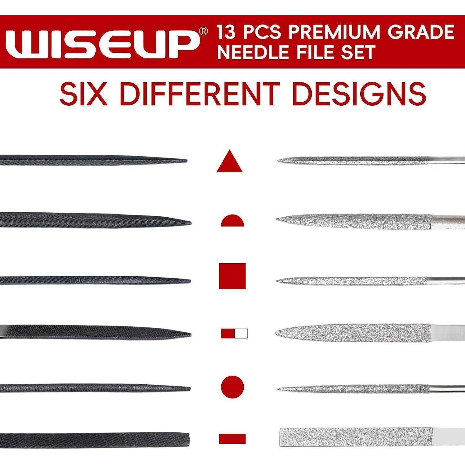 Anzeige für ein 13-teiliges WISEUP Nadel-Feilen-Set in Premiumqualität mit „sechs verschiedenen Designs
