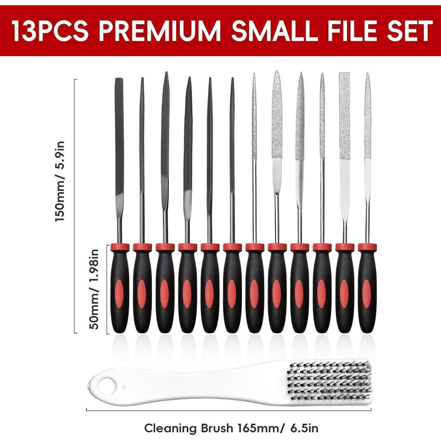 Produktbild eines 13-teiligen Premium-Feilen-Sets mit kleiner Ausführung mit schwarz-roten Griffen, zeigt Größenbezeichnungen 150mm und 50mm, sowie eine 165mm Reinigungsbürste.