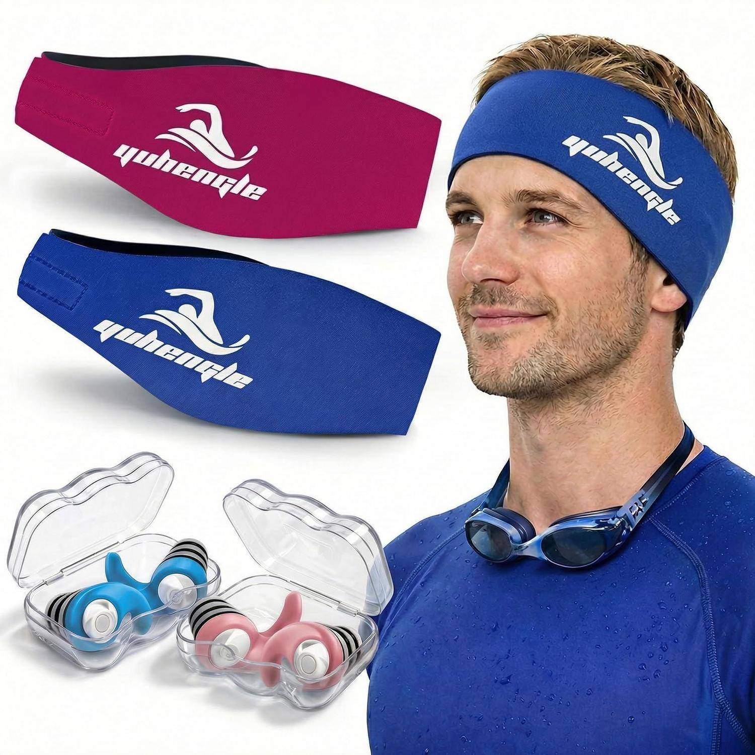 Mann mit blauem Stirnband und Schwimmbrille, neben rosa und blauen Stirnbändern und zwei Paar Brillen in durchsichtigen Behältern, zeigt Schwimmaccessoires.