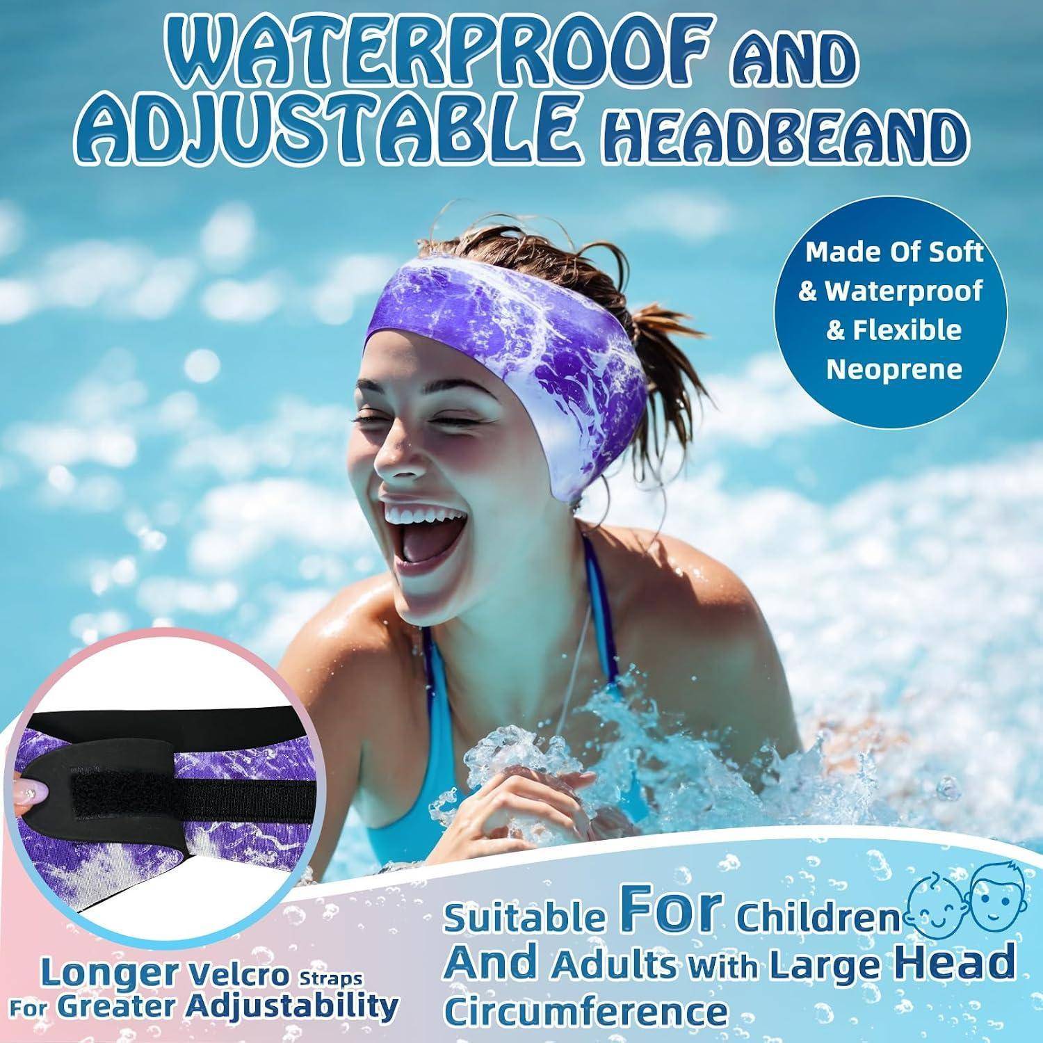 Eine Frau schwimmt in einem Becken und trägt ein violettes, wasserfestes, verstellbares Stirnband; der Text hebt weiches Neopren, lange Klettverschlussbänder und die Passform für Kinder und Erwachsene hervor.