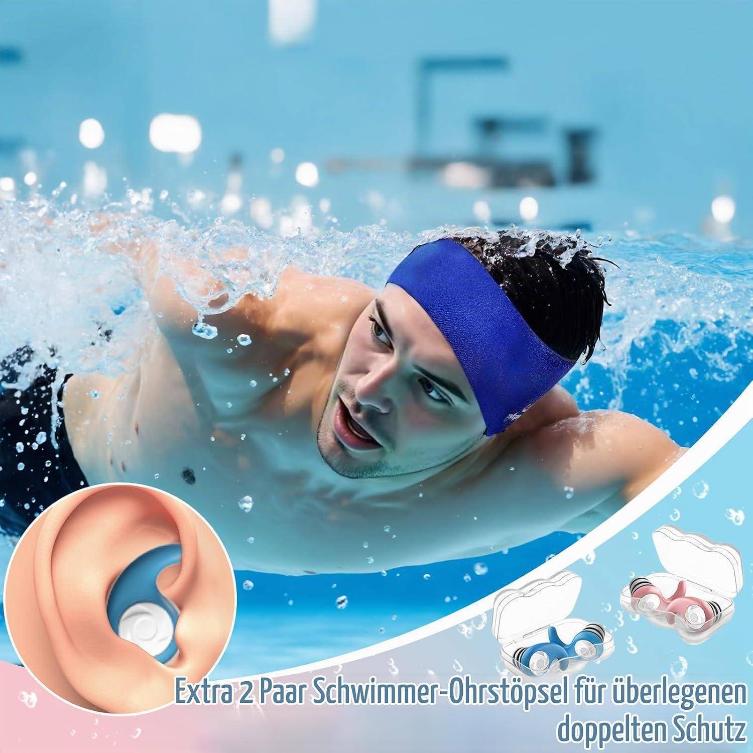 Schwimmer mit blauem Stirnband im Wasser; Einschub zeigt zwei Ohrstöpsel mit deutschem Text, der zusätzliche 2er-Packung Schwimmer-Ohrstöpsel für doppelten Schutz bewirbt.