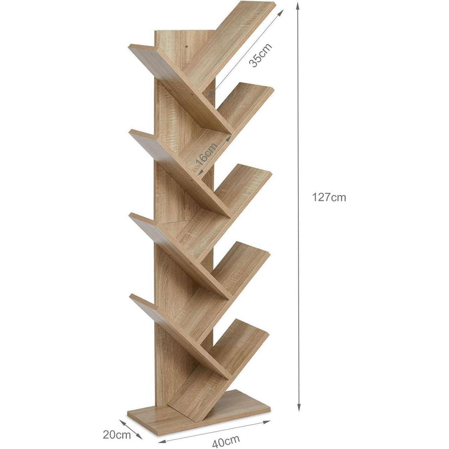 Mondeer Bücherregal, Aufbewahrungsregal in Baumform mit 9 Fächern aus Holz Regal for CDs Magazine in Büro Buchhandlung Home, 40x20x127cm, Eiche