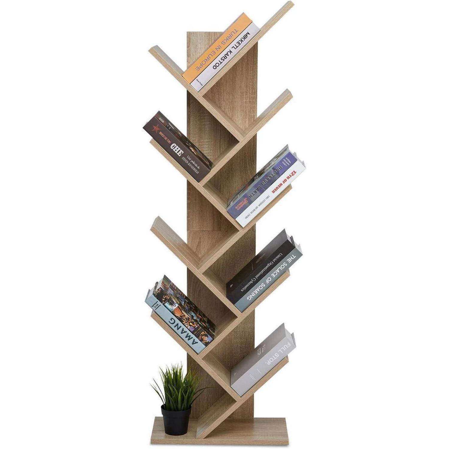 Mondeer Bücherregal, Aufbewahrungsregal in Baumform mit 9 Fächern aus Holz Regal for CDs Magazine in Büro Buchhandlung Home, 40x20x127cm, Eiche