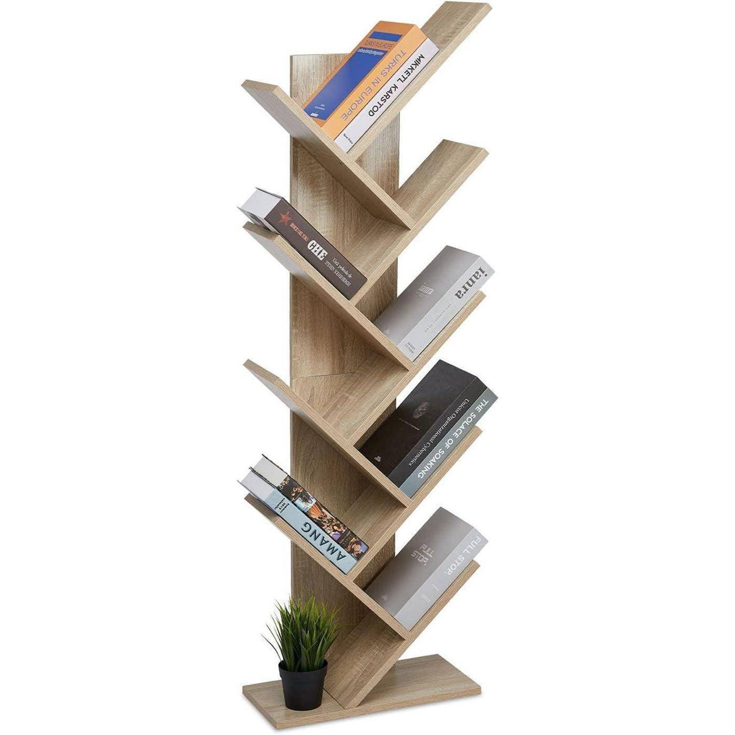 Mondeer Bücherregal, Aufbewahrungsregal in Baumform mit 9 Fächern aus Holz Regal for CDs Magazine in Büro Buchhandlung Home, 40x20x127cm, Eiche