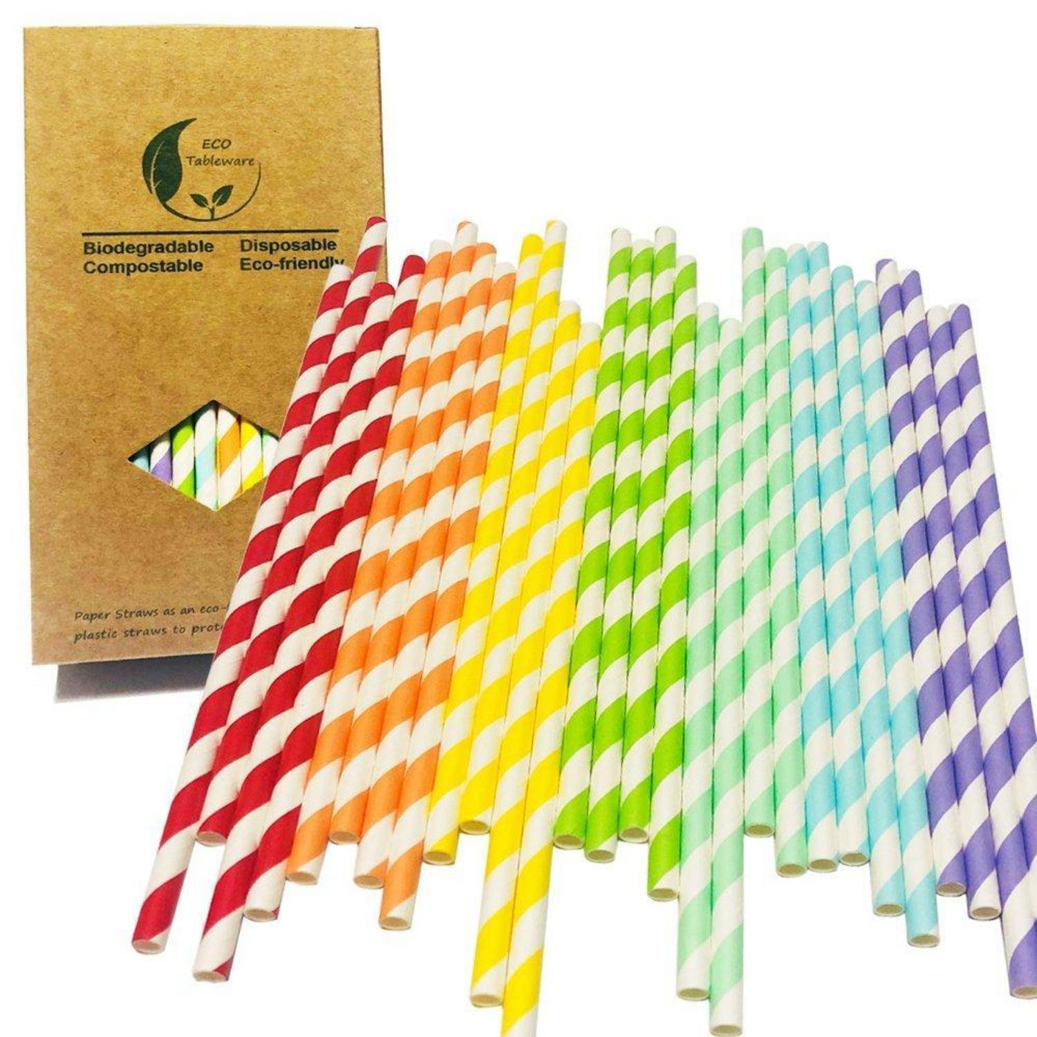Assortierte bunte gestreifte Papiertrinkhalme neben einer braunen umweltfreundlichen Verpackung mit den Aufschriften „Biologisch abbaubar
