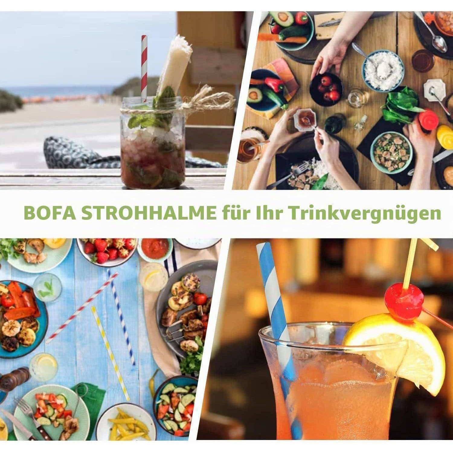 Collage von Getränken und einer gemeinsamen Mahlzeit, die Papiertrinkhalme bewirbt, mit deutschem Text „BOFA STROHHALME für Ihr Trinkvergnügen".