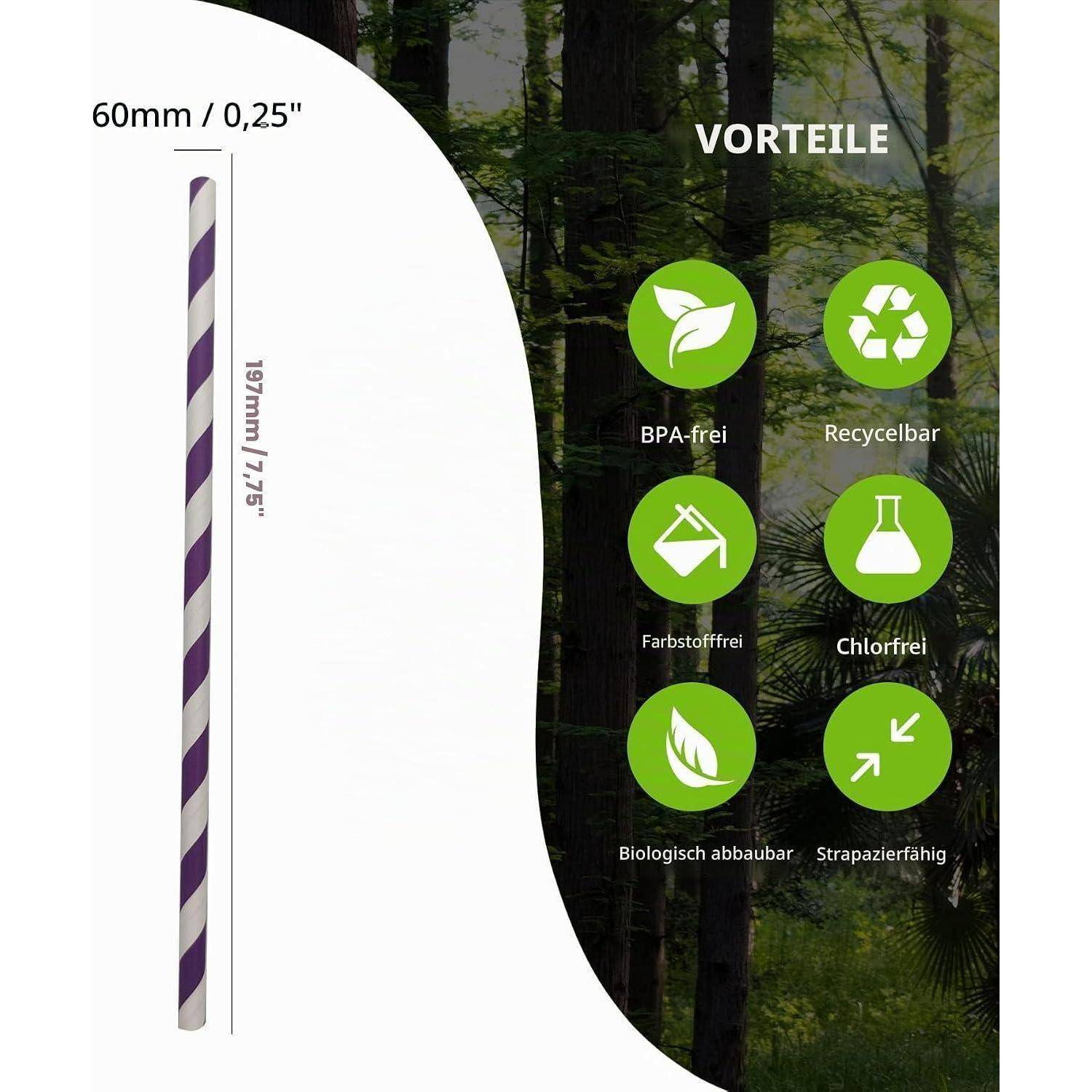 Weiß-violettes gestreiftes Papiertrinkhalm mit den Abmessungen 60 mm Breite und 197 mm Länge, zusammen mit Symbolen, die die Vorteile aufzeigen: BPA-frei, recycelbar, farbstofffrei, chlorfrei, biologisch abbaubar und langlebig.