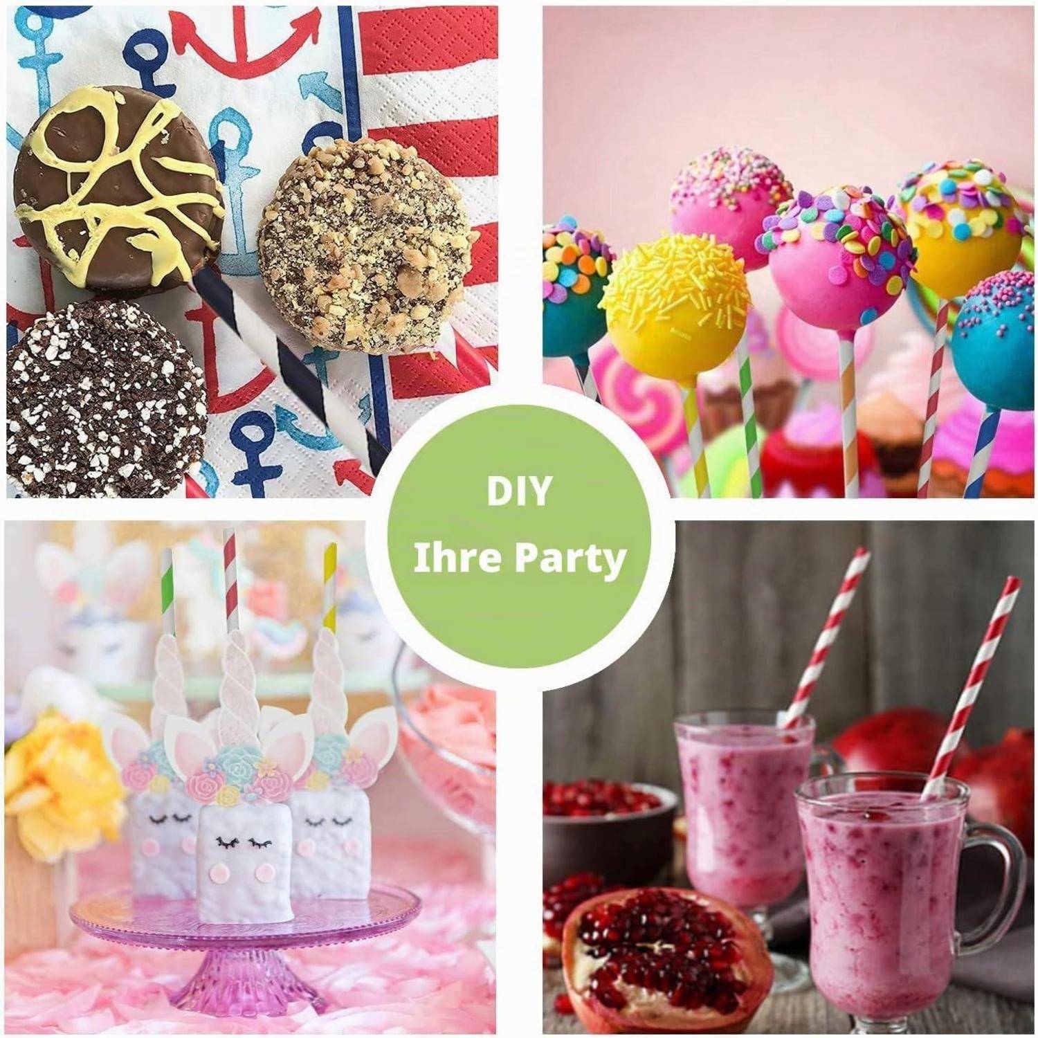 Collage von DIY Drei-Schichten-Leckereien: dekorierte Donuts, Stressel-Cake Pops, Einhorn-Marshmallow-Leckereien und rosa Smoothies.