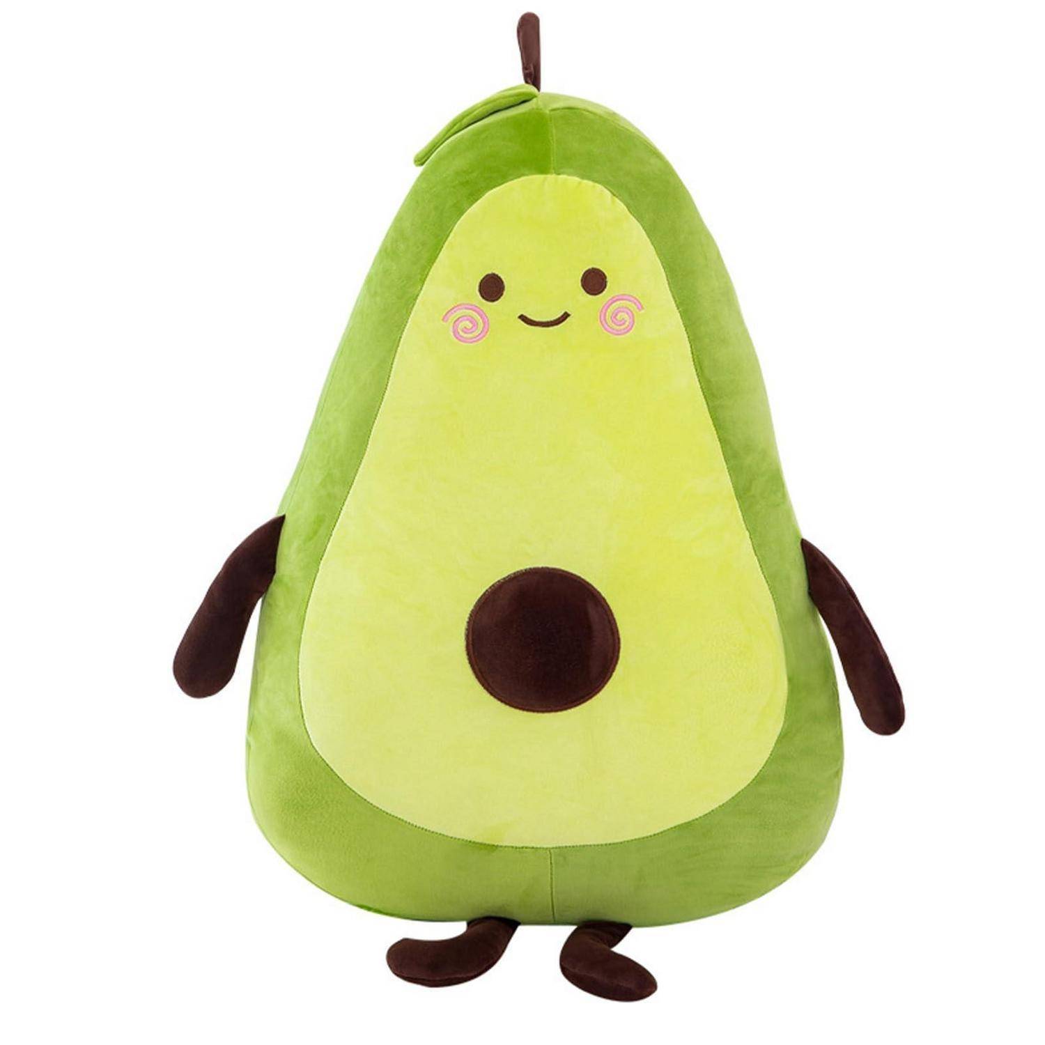Niedliches avocadoförmiges Plüschtier mit lächelndem Gesicht, braunen Armen und Füßen sowie einem Kernkreis auf weißem Hintergrund.