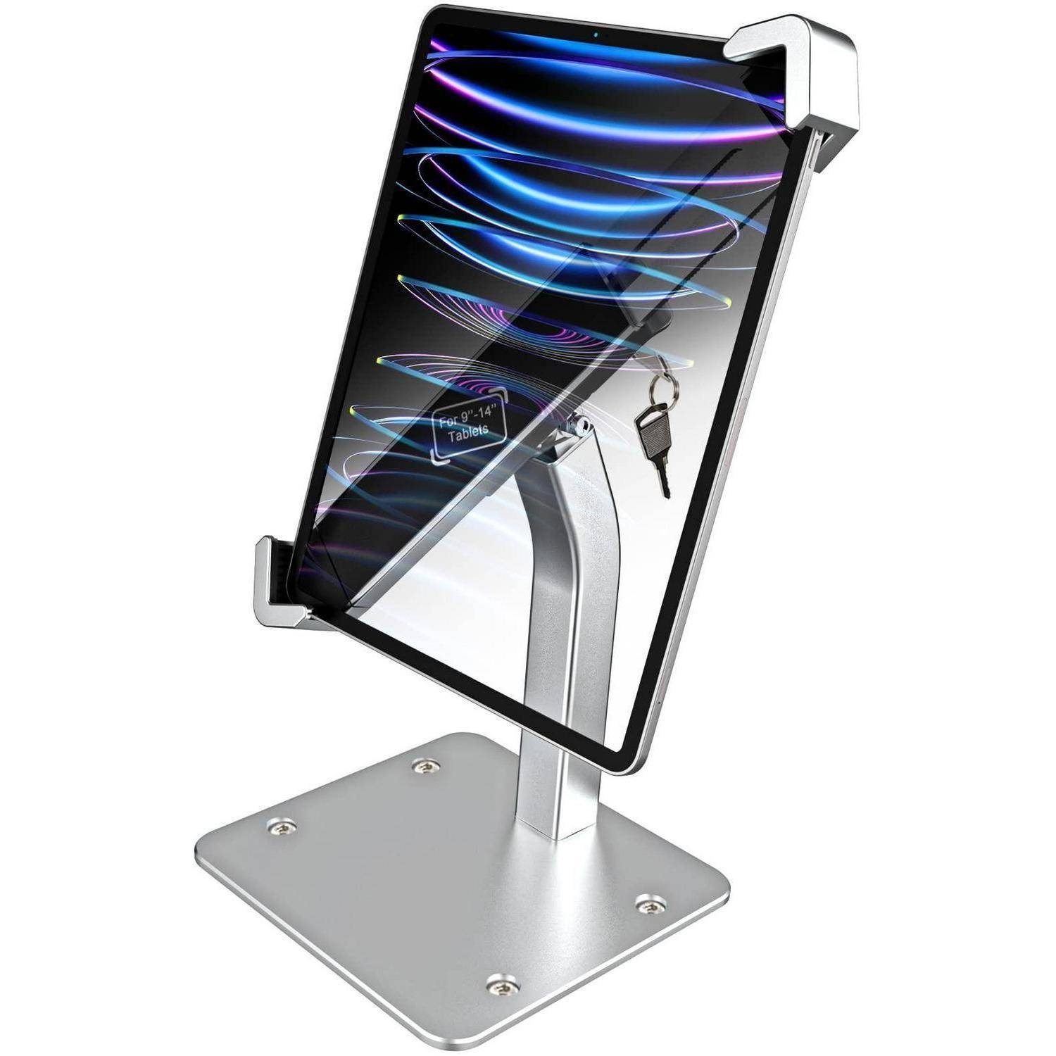 Tablet, gesichert in einem Metall-Diebstahlschutz-Ausstellungsständer mit Verriegelungshalterung und Schlüssel, in schräger Position auf einer Grundplatte dargestellt.