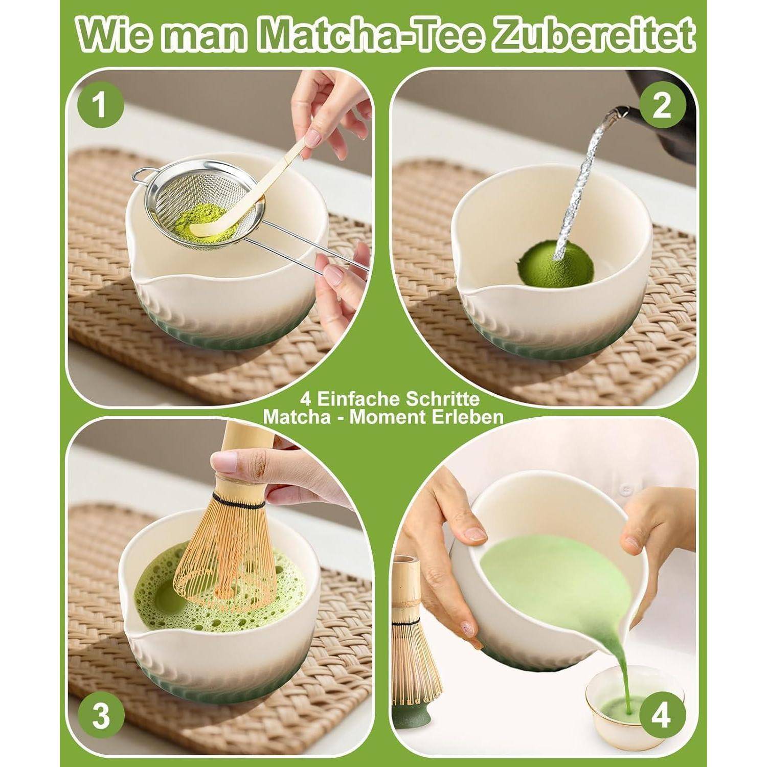 JBER Matcha Set, Matcha Besen Set 7 Teiliges, Geschenk für Matcha Zeremonie | Bambus Besen 100 Zinken, Keramik Matcha Schale mit Auslauf, Sieb, Löff