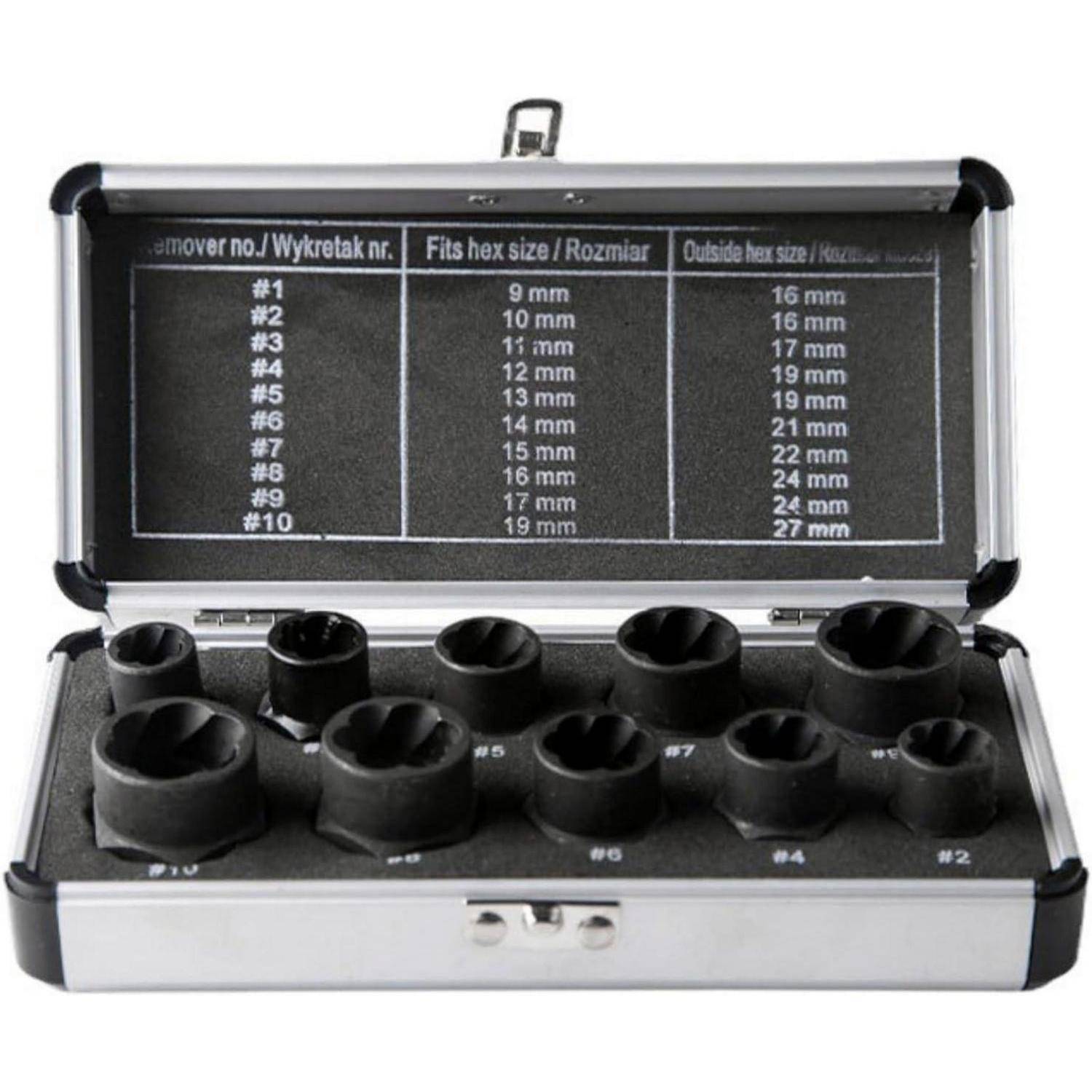 10-tlg. Bolzenausdreher-Set (9-19 mm) mit Spiralprofil, Schraubenausdreher zum Entfernen von beschädigten, gefrorenen, verrosteten und abgerundeten