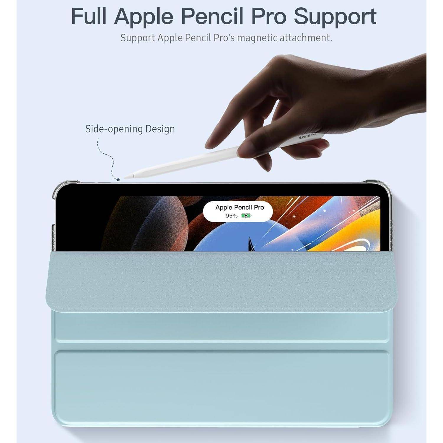 Illustration eines Tablet-Etuis mit seitlicher Öffnung, die die magnetische Befestigung des Apple Pencil Pro unterstützt, mit einer Hand, die den Stift über dem Gerät positioniert.