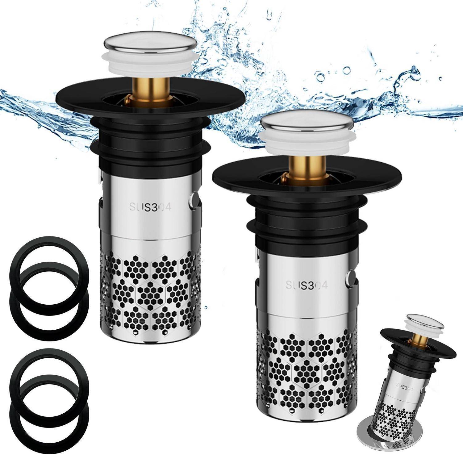 Zwei Edelstahl-Spülbeckenablauf-Siebe mit schwarzen und weißen Teilen, gezeigt mit zwei Ersatz-Dichtungsringen in Schwarz und einem Wasserspritzhintergrund.