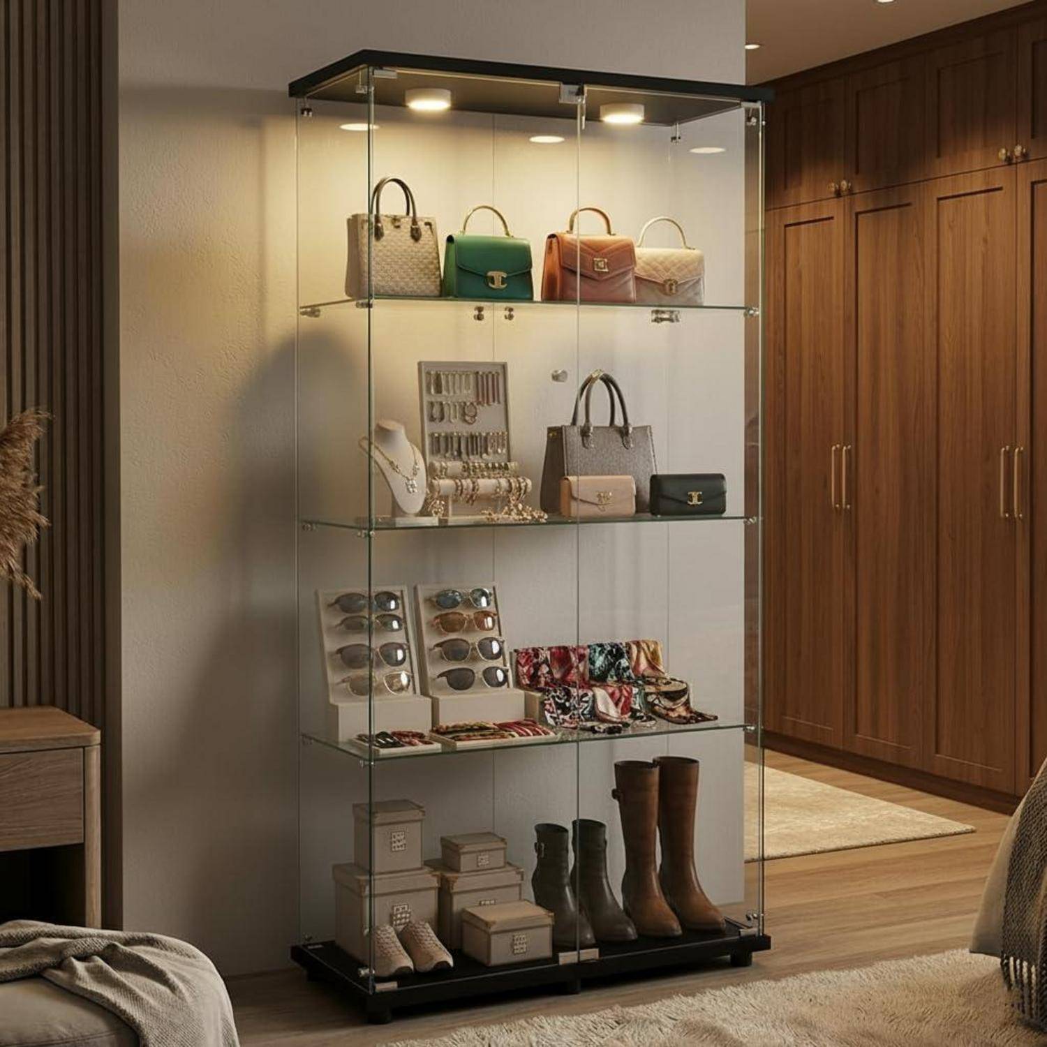 Vitrine Glas mit LED, 164.5cm Groß Standvitrine, 2 Tür 4 Lagen Glasvitrine Stehend Vitrinenschrank Sammlervitrine Hochschrank für Wohnzimmer, Schla