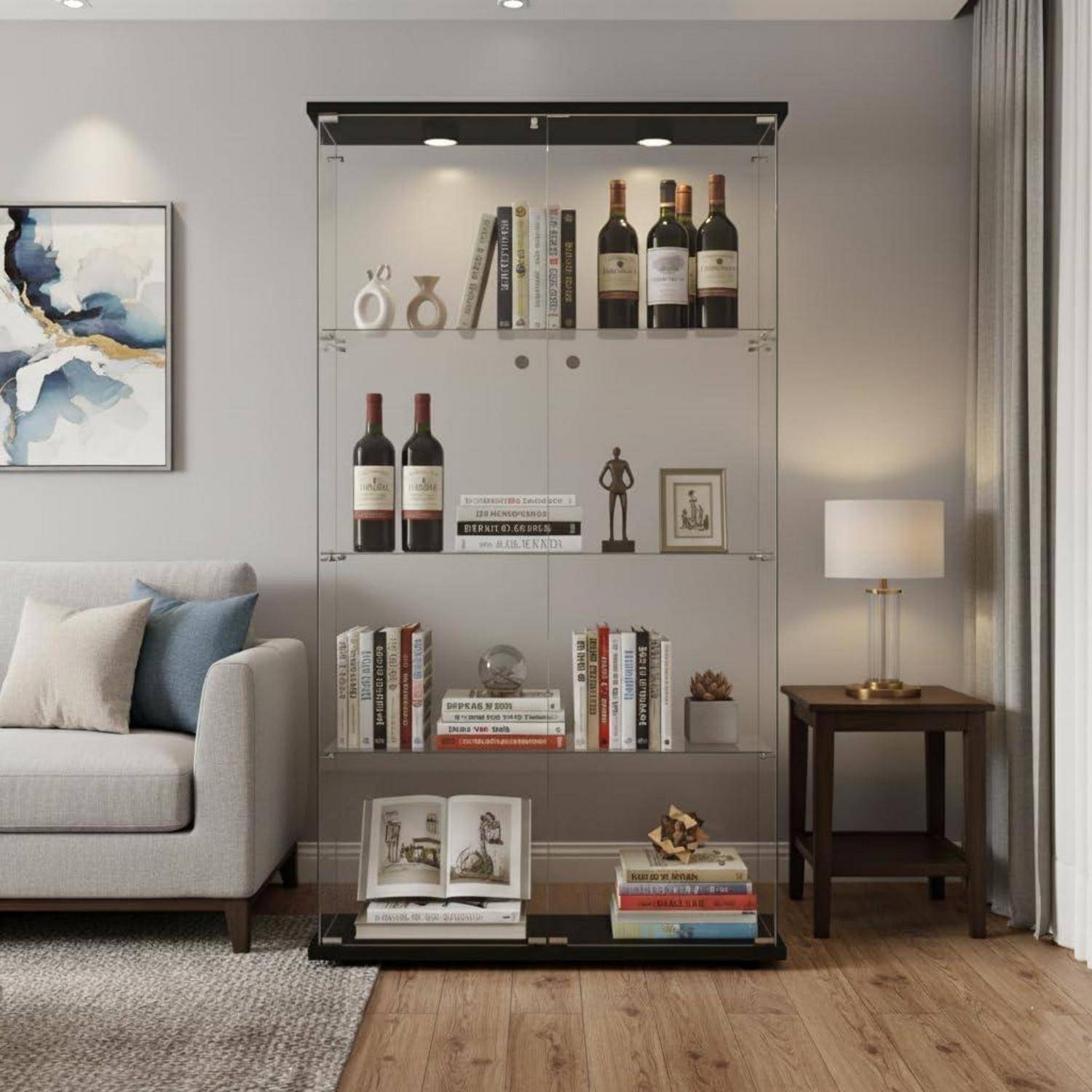 Vitrine Glas mit LED, 164.5cm Groß Standvitrine, 2 Tür 4 Lagen Glasvitrine Stehend Vitrinenschrank Sammlervitrine Hochschrank für Wohnzimmer, Schla