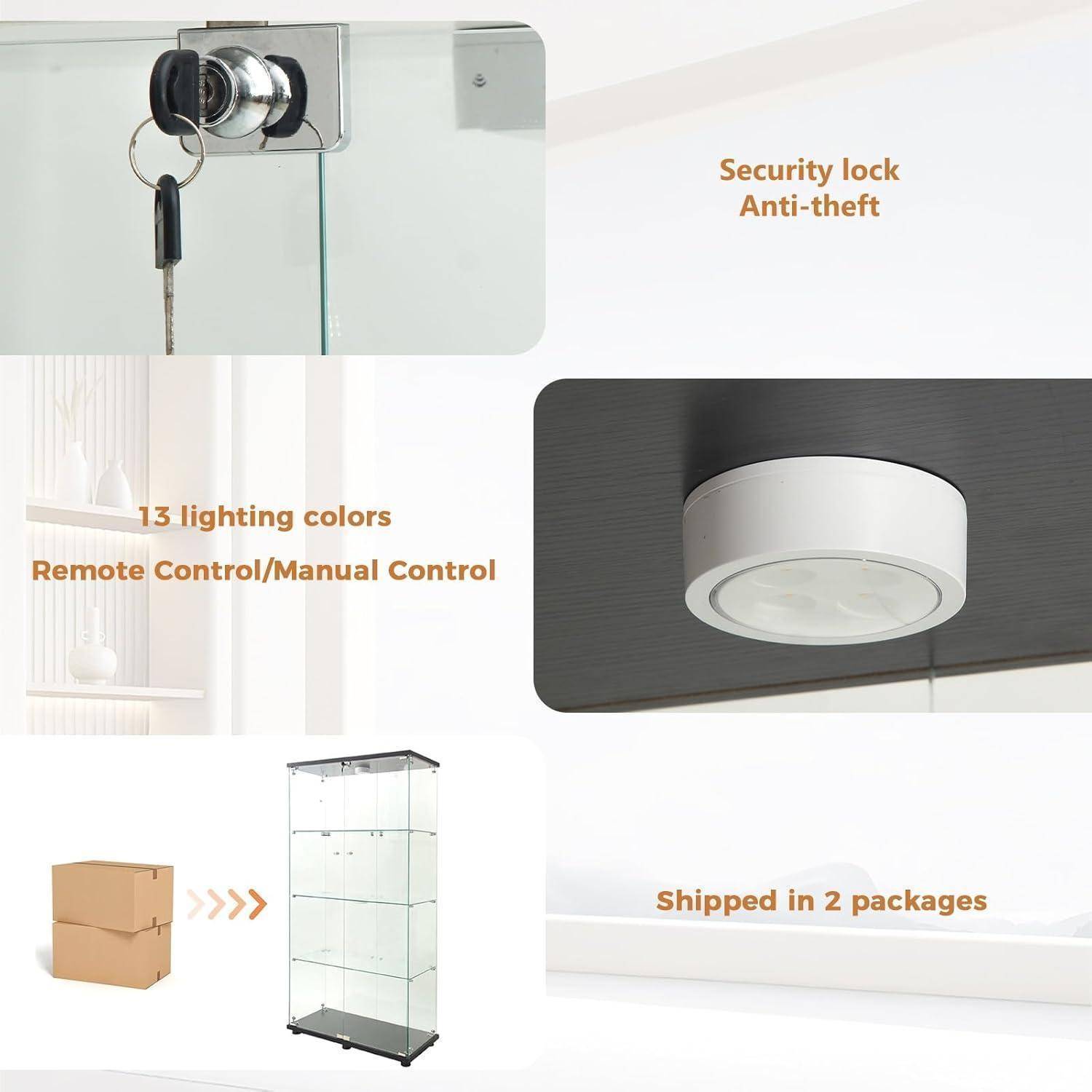 Vitrine Glas mit LED, 164.5cm Groß Standvitrine, 2 Tür 4 Lagen Glasvitrine Stehend Vitrinenschrank Sammlervitrine Hochschrank für Wohnzimmer, Schla