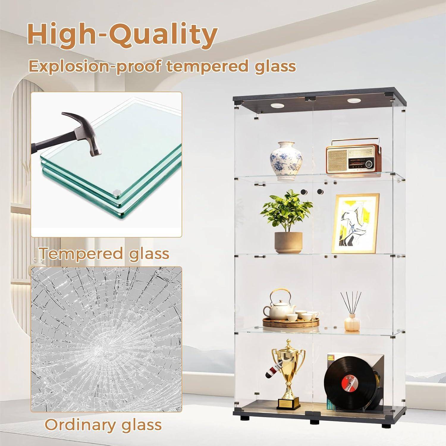 Vitrine Glas mit LED, 164.5cm Groß Standvitrine, 2 Tür 4 Lagen Glasvitrine Stehend Vitrinenschrank Sammlervitrine Hochschrank für Wohnzimmer, Schla