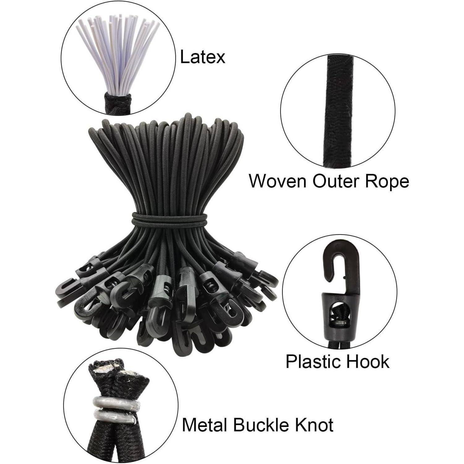 Abbildung eines Bungee-Seil-Bündels mit beschrifteten Detailaufnahmen seiner Teile: Latexkern, gewebtes Außenseil, Kunststoffhaken und Metallschnallenknoten.