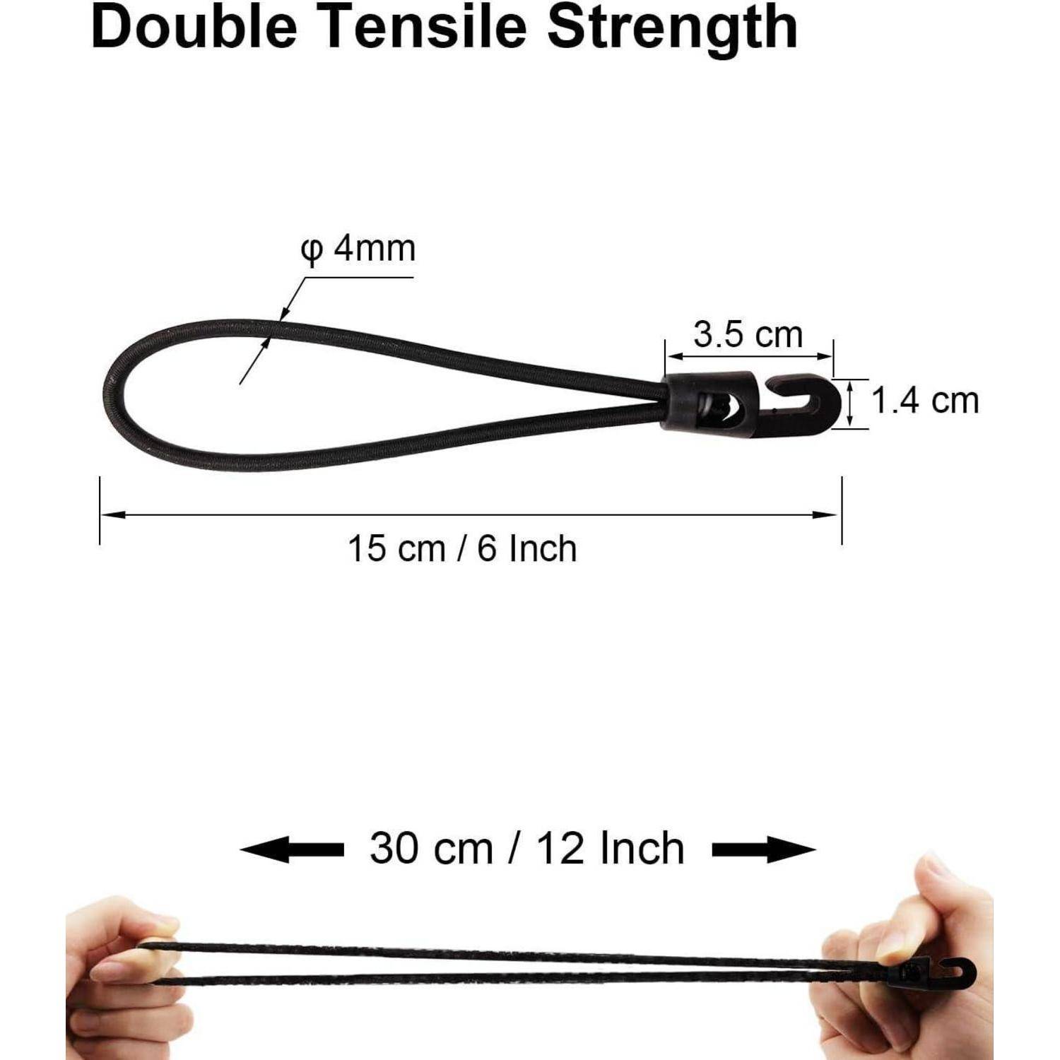 Diagramm einer schwarzen Doppelkordel-Schleife mit Haken, beschriftet mit 4 mm Dicke, 15 cm Länge und 3,5 cm x 1,4 cm an der Schließe; das untere Bild zeigt sie, wenn sie zwischen zwei Händen auf 30 cm auseinandergezogen wird.