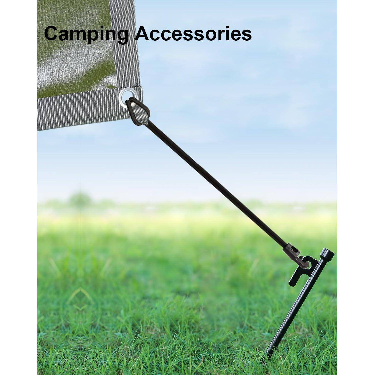 Campingzubehör, das eine Zeltabspannung zeigt, die an einem Heringe im Boden befestigt ist und demonstriert, wie man ein Zelt beim Outdoor-Camping sichert.