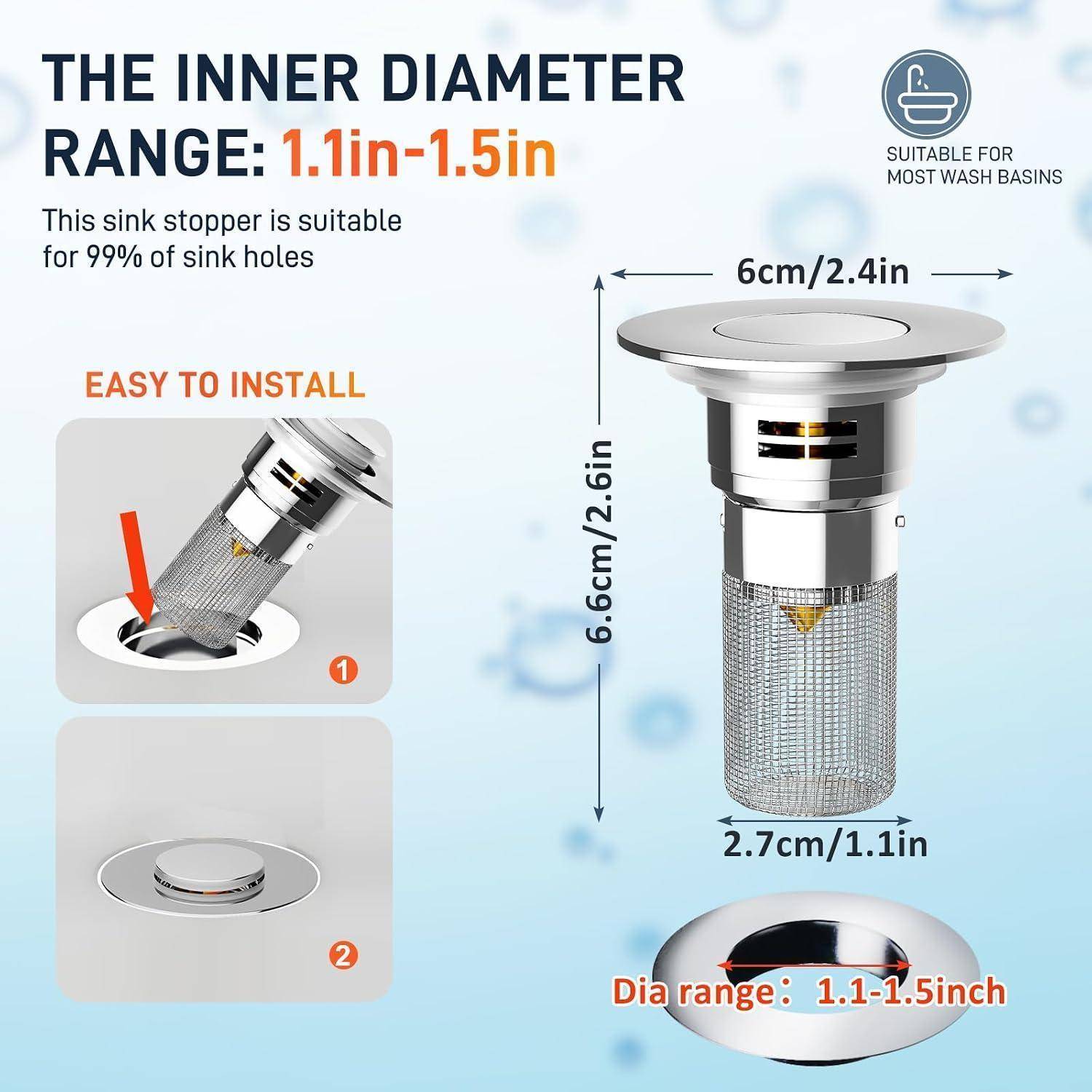 Darstellung eines Waschbeckenstöpsels mit den Abmessungen 6 cm breit und 6,6 cm hoch, passend für Abflussöffnungen mit Durchmessern von 1,1–1,5 Zoll, mit Installationsschritten und dem Text „für die meisten Waschbecken geeignet