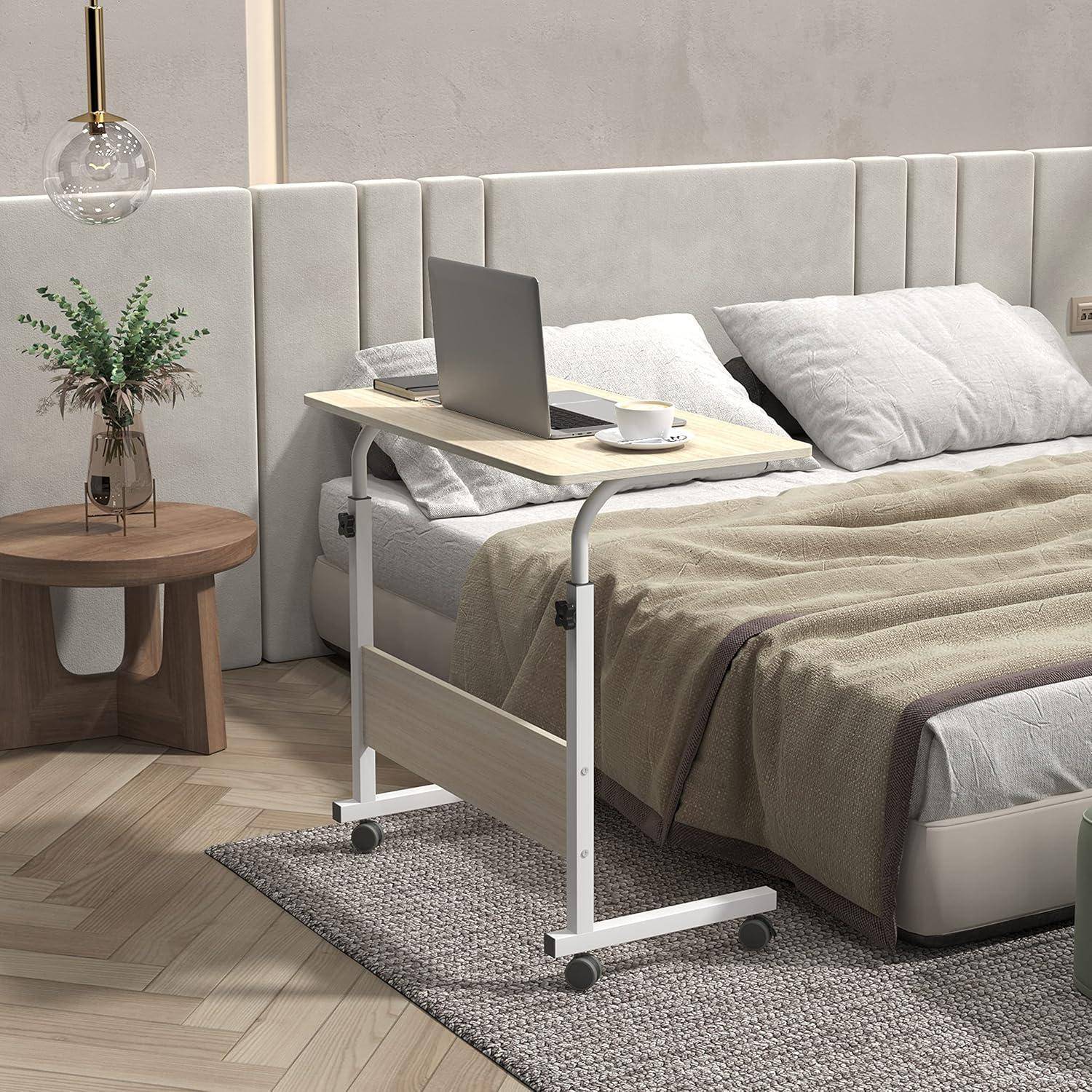 SogesPower Laptop-Tisch Rolltisch Laptopständer Höhenverstellbarer Beistelltisch auf Rollen für Bett und Sofa 80 x 40 cm 80 x 40 cm Weißer Ahorn