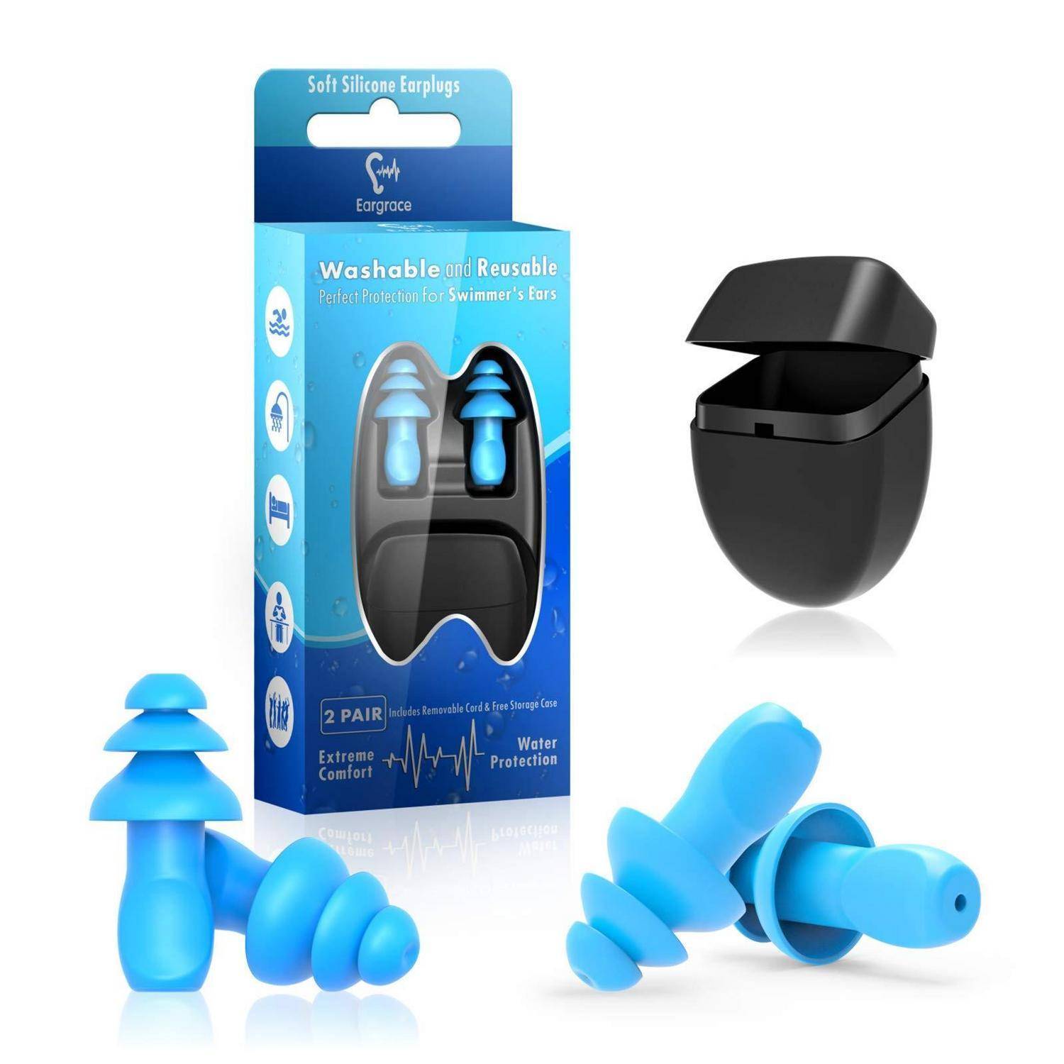 Produktbild mit waschbaren wiederverwendbaren Silikonohrstöpseln in einer blauen Einzelhandelverpackung, mit schwarzem Etui und blauen Ohrstöpseln, die darum herum angezeigt werden.
