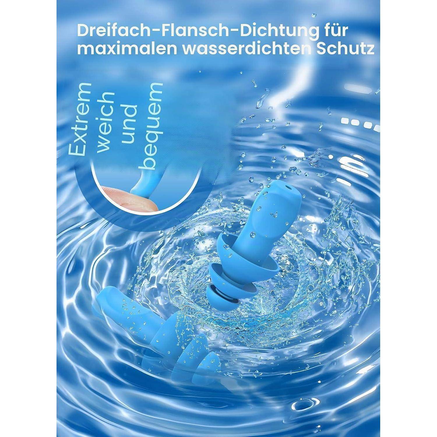 Blaue wasserdichte Dichtung oder Stopfen, der ins Wasser spritzt, mit deutschem Text, der „Dreifach-Flansch-Dichtung