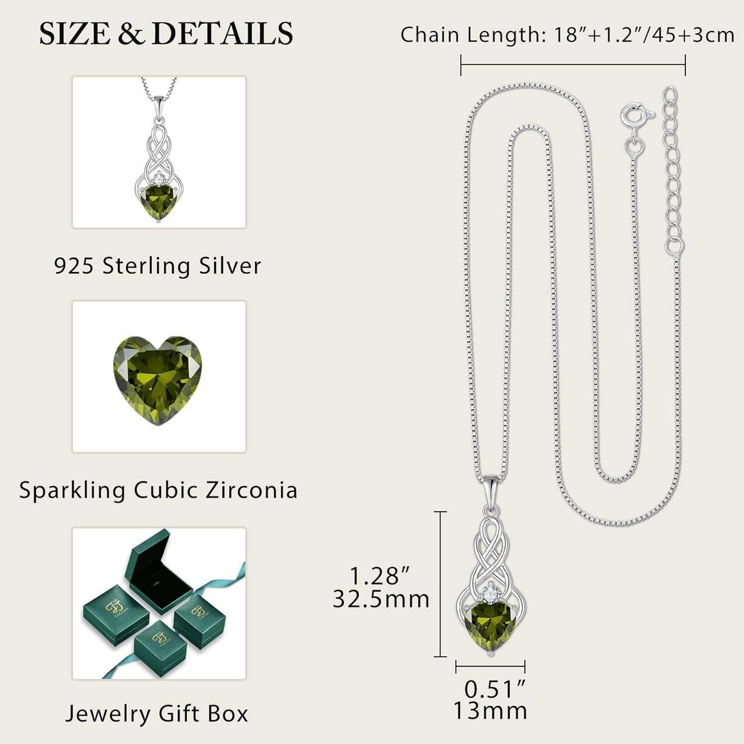 Größe und Details einer Halskette aus 925er Sterlingsilber mit grünem herzförmigem Kubikzirkoniaanhänger; Kettenlänge 18