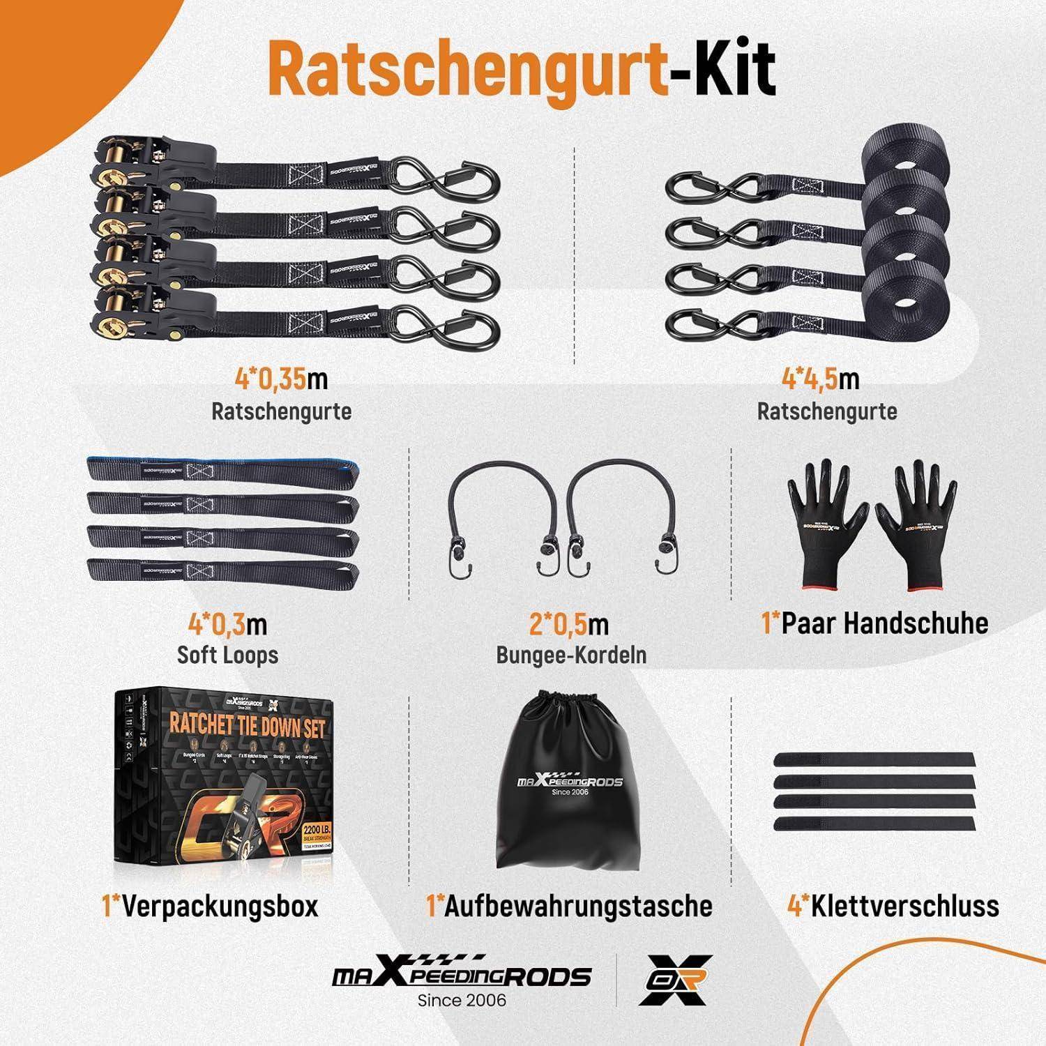 maXpeedingrods 4X 997kg Spanngurte mit Ratsche 4,5m, Spanngurte mit Haken, EN 12195-2, Schutz der Geräte beim Transport, Motorrad Spanngurt 25mm