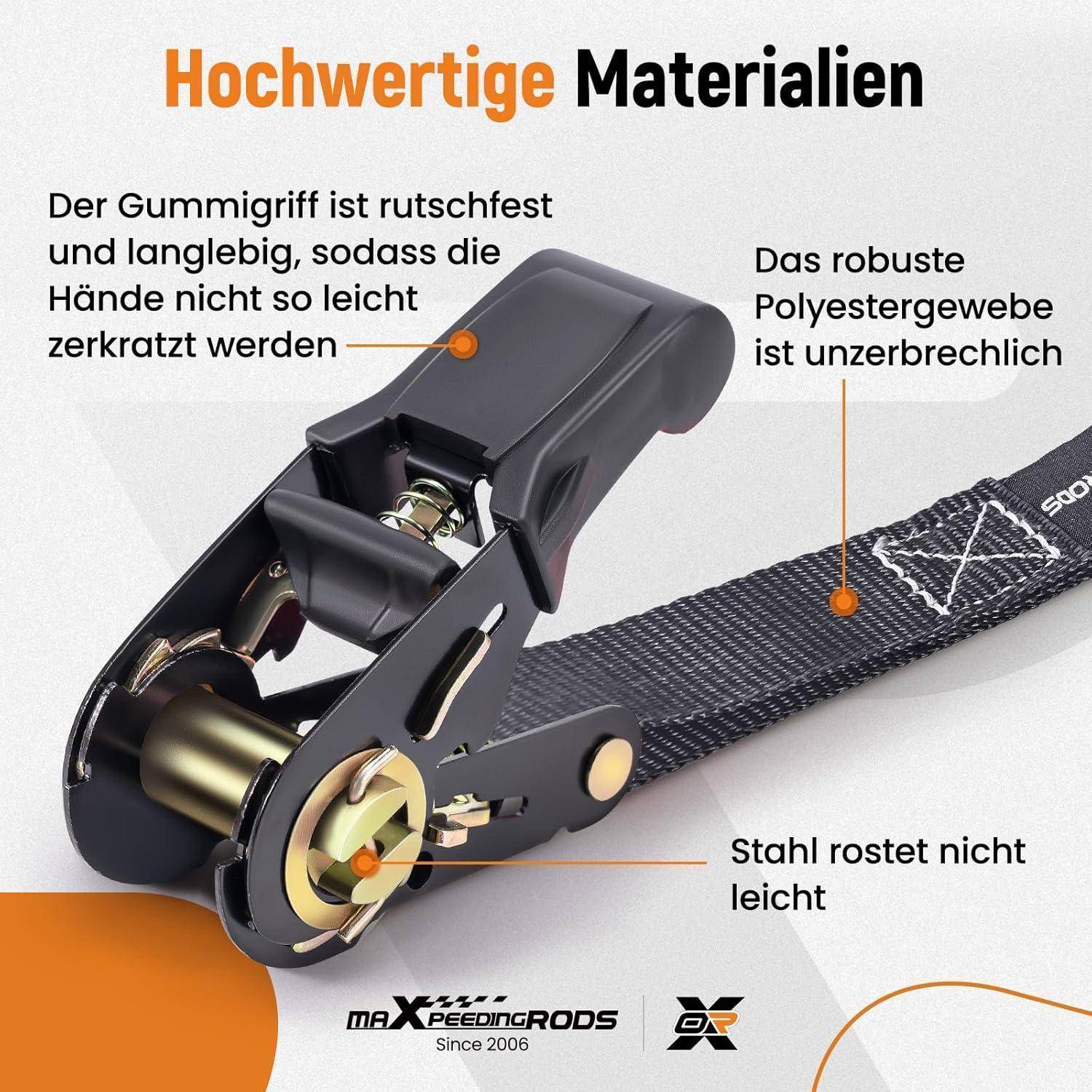 maXpeedingrods 4X 997kg Spanngurte mit Ratsche 4,5m, Spanngurte mit Haken, EN 12195-2, Schutz der Geräte beim Transport, Motorrad Spanngurt 25mm