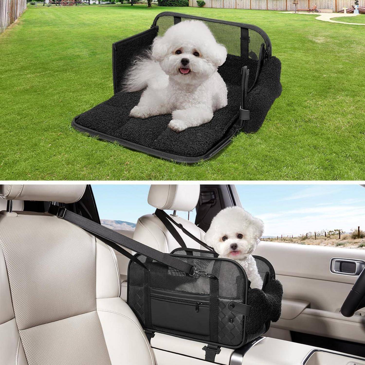 Kleiner weißer Hund in einem schwarzen Haustier-Booster-Sitz, gezeigt eingebaut in einem Auto und als tragbarer Sitz auf Gras.