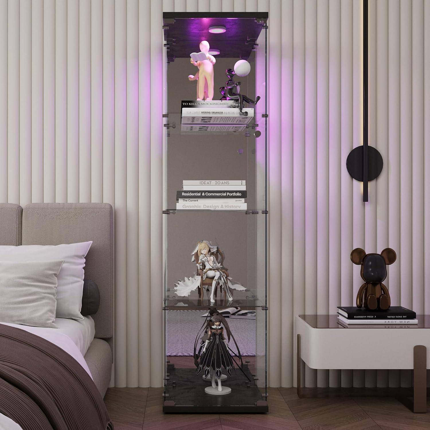 Vitrine aus Glas mit LED und Spiegel, freistehende Vitrine aus Glas mit 1 Tür 4 Einlegeböden transparent Möbel Vitrine Glas Sammlervitrine Wohnzimm