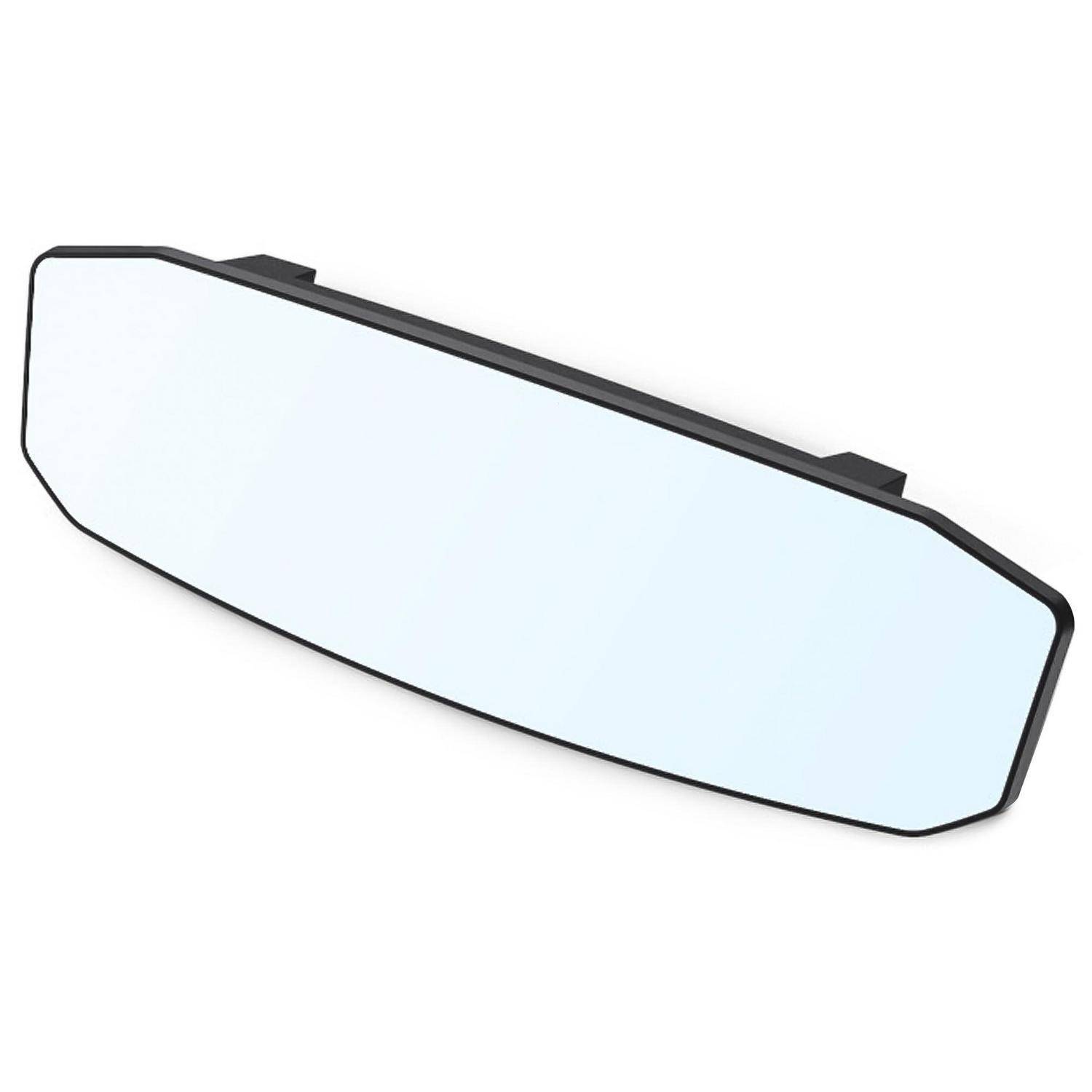 Schräger Rückspiegel mit einer hellblauen reflektierenden Oberfläche und schwarzem Rahmen auf weißem Hintergrund.