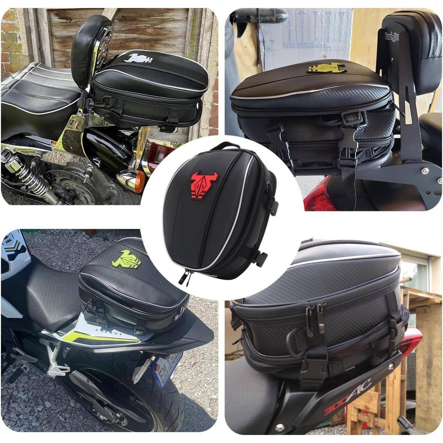 Collage eines schwarzen Motorrad-Hecktaschen an verschiedenen Motorrädern montiert, von mehreren Winkeln gezeigt, mit roten, gelben und grünen Logo-Varianten.
