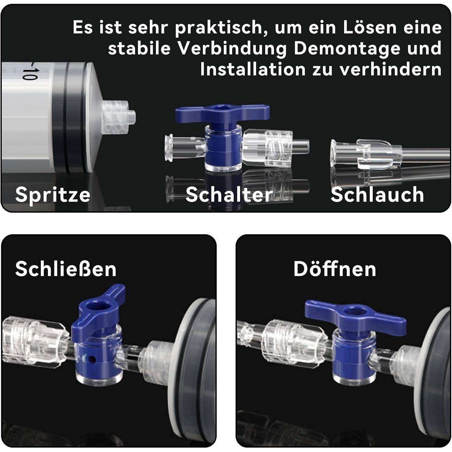 Dreiteiliges Diagramm einer Spritze, eines Ventilschalters und eines Schlauchs, das zeigt, wie der Schalter die Spritze für sichere Montage und Entfernung verbindet oder trennt.