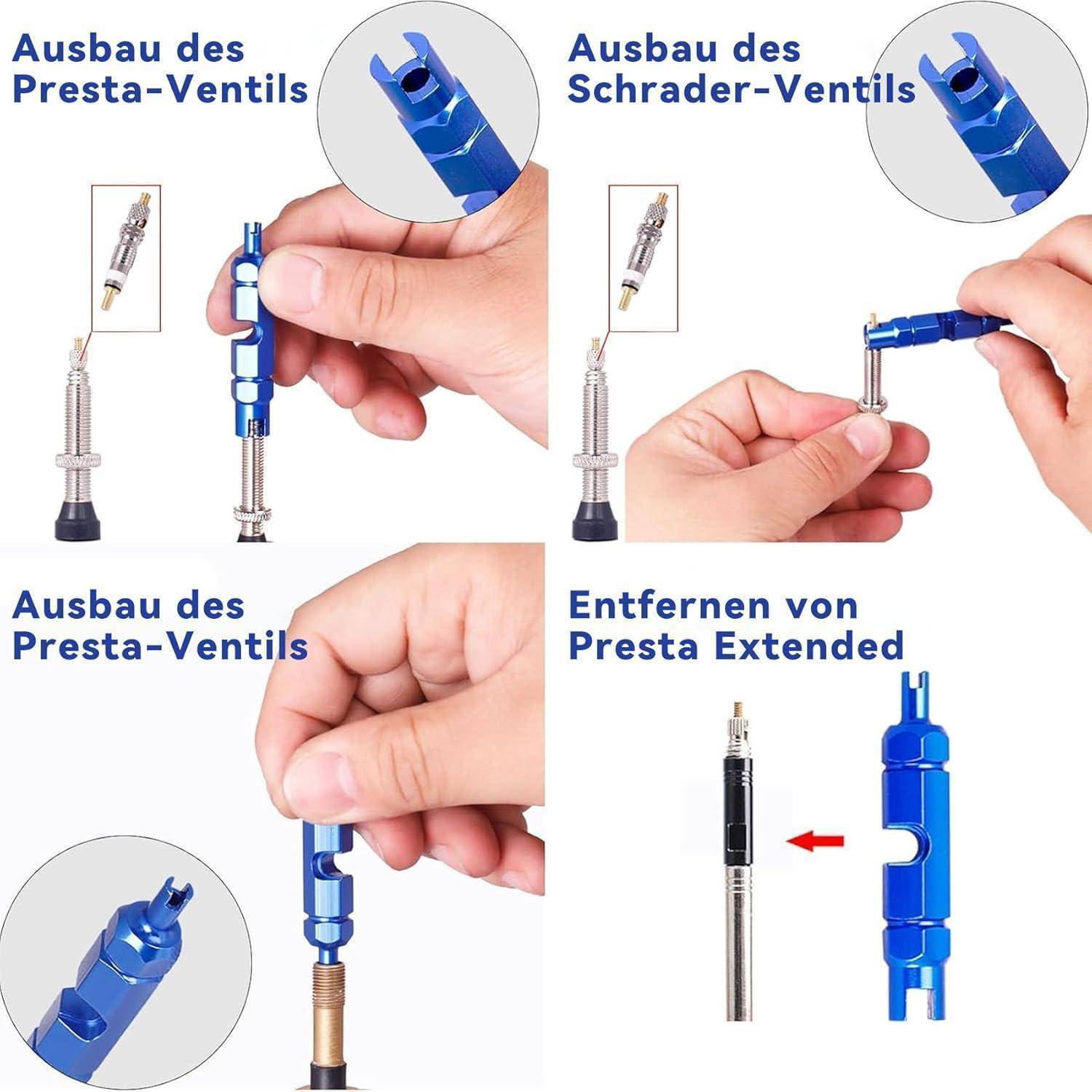 Anleitung in Bildform zum Installieren und Entfernen einer blauen Fahrradventilverlängerung auf Presta- und Schrader-Ventilen, mit detaillierten Handgriffabbildungen und Pfeilen.