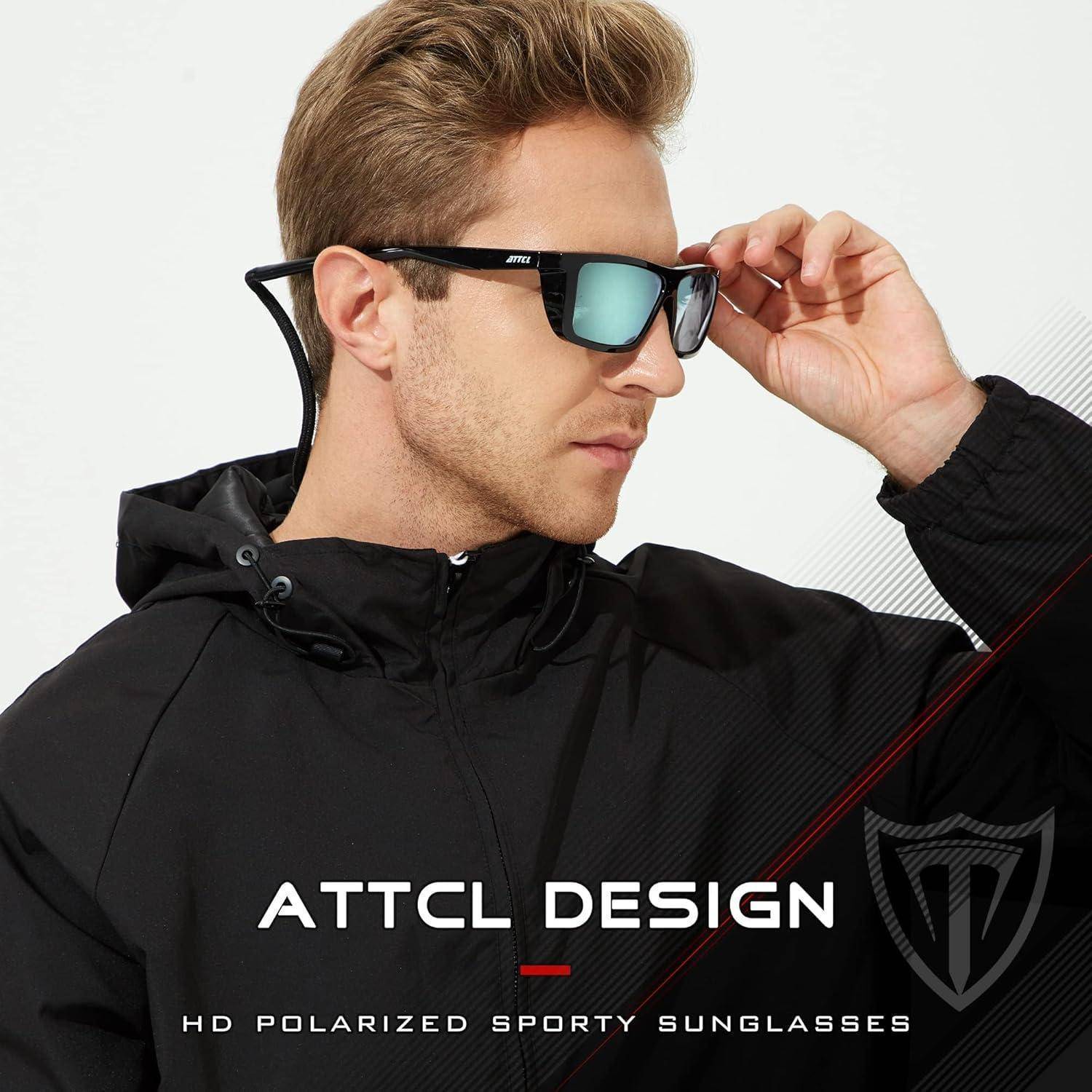 Mann in schwarzer Jacke, der verspiegelte sportliche Sonnenbrillen anpasst; Text lautet „ATTCL DESIGN" und „HD POLARISIERTE SPORTLICHE SONNENBRILLEN"".