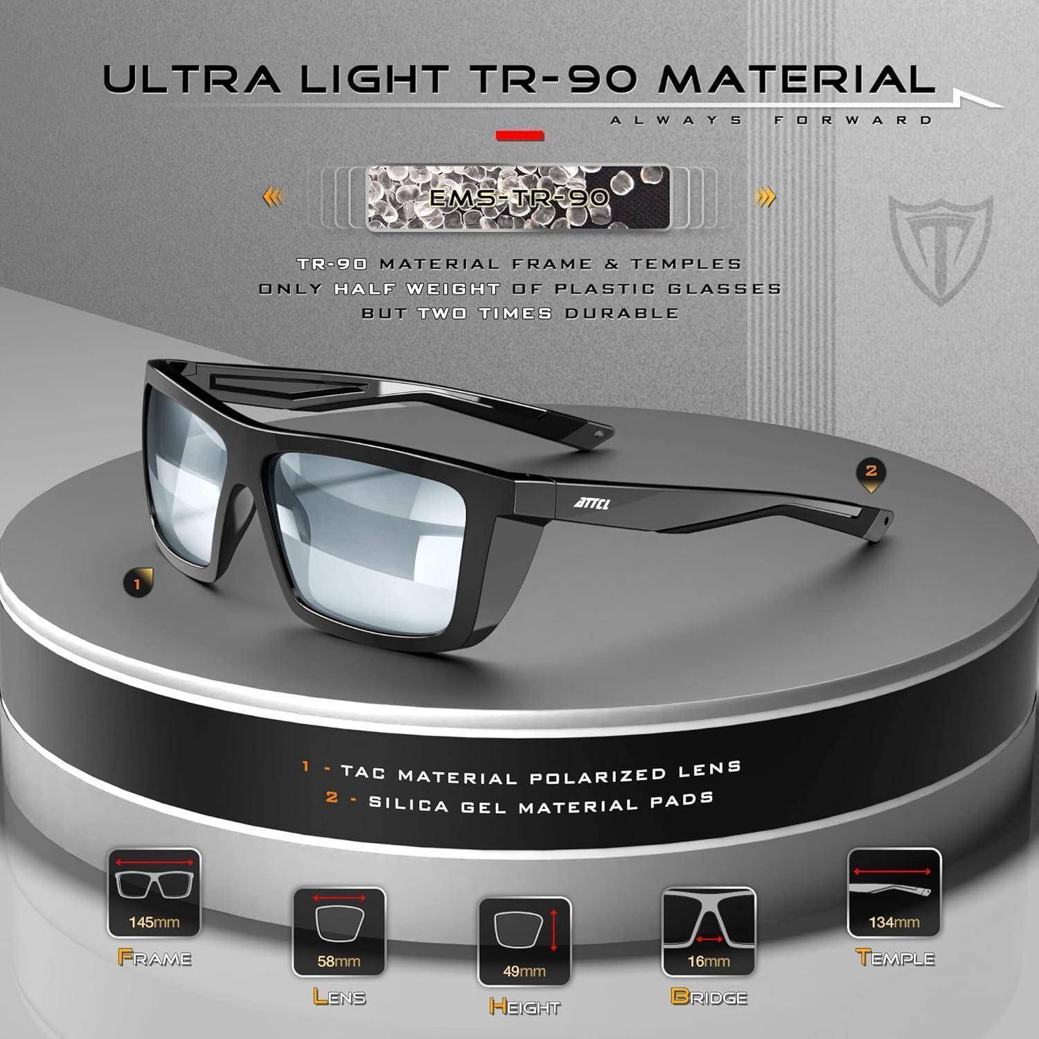 Schwarze sportliche Brille auf einem Podest, beschriftet mit „ULTRA LIGHT TR-90 MATERIAL", mit Hervorhebung des TR-90-Rahmens, polarisierten Gläsern und Größenabmessungen.