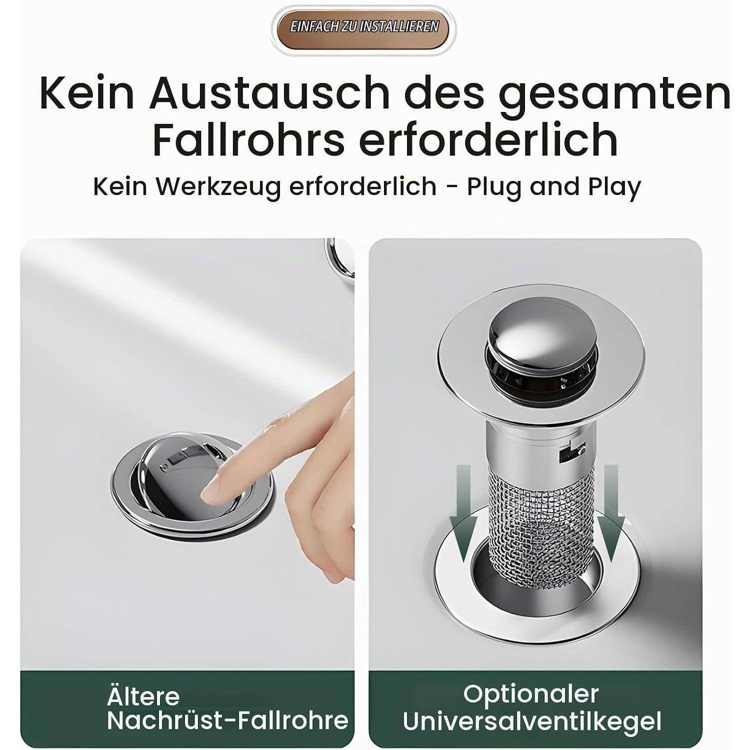 Abbildung einer Abflussventil-Aufrüstung: Der Text besagt „Kein Austausch des gesamten Abflussrohrs erforderlich" und „Keine Werkzeuge erforderlich – Plug and Play"", mit einem optionalen universellen Ventileinsatz und älterem Nachrüstungsrohr.