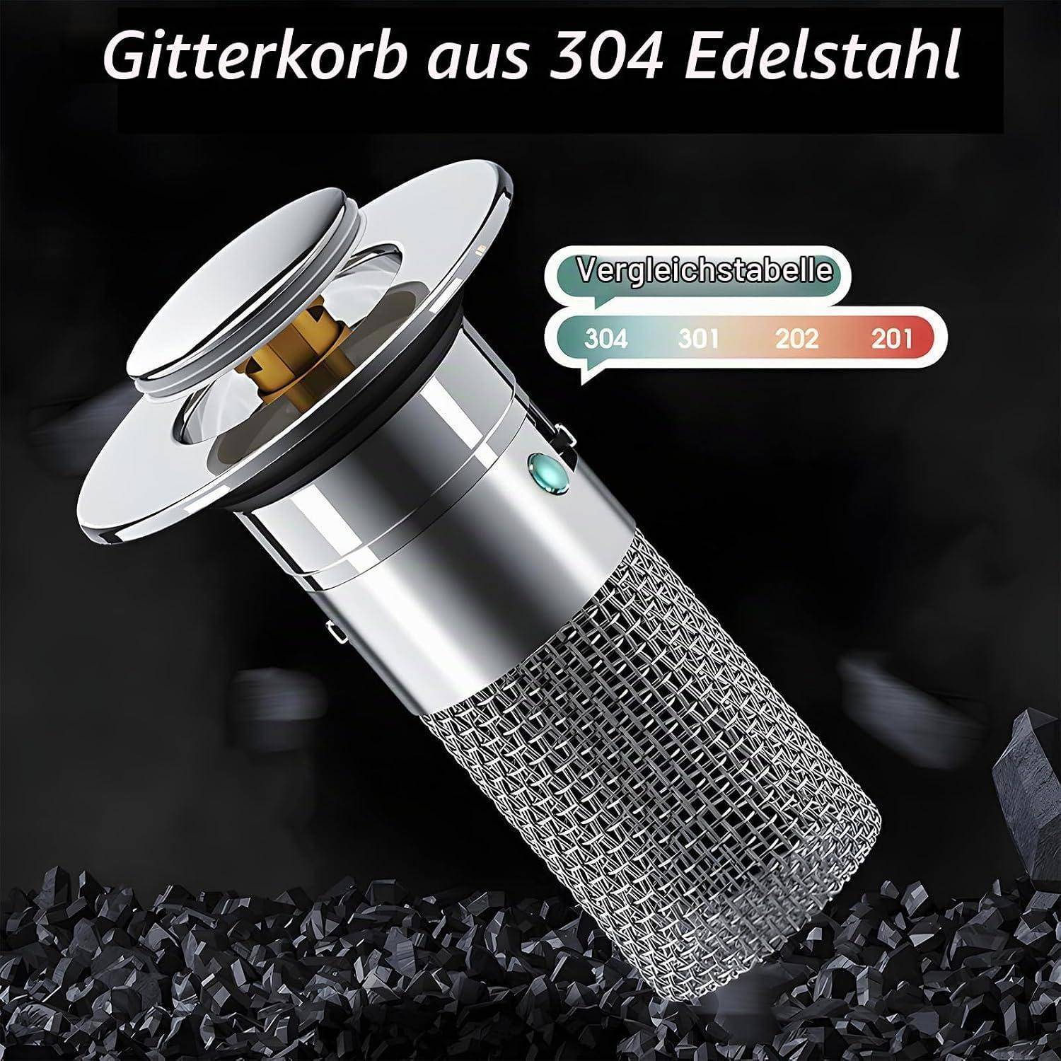 Produktbild eines Edelstahl-Bodenablauf-Siebs aus rostfreiem Stahl, gekennzeichnet mit „Gitterkorb aus 304 Edelstahl", mit einer Vergleichstabelle für 304, 301, 202 und 201.