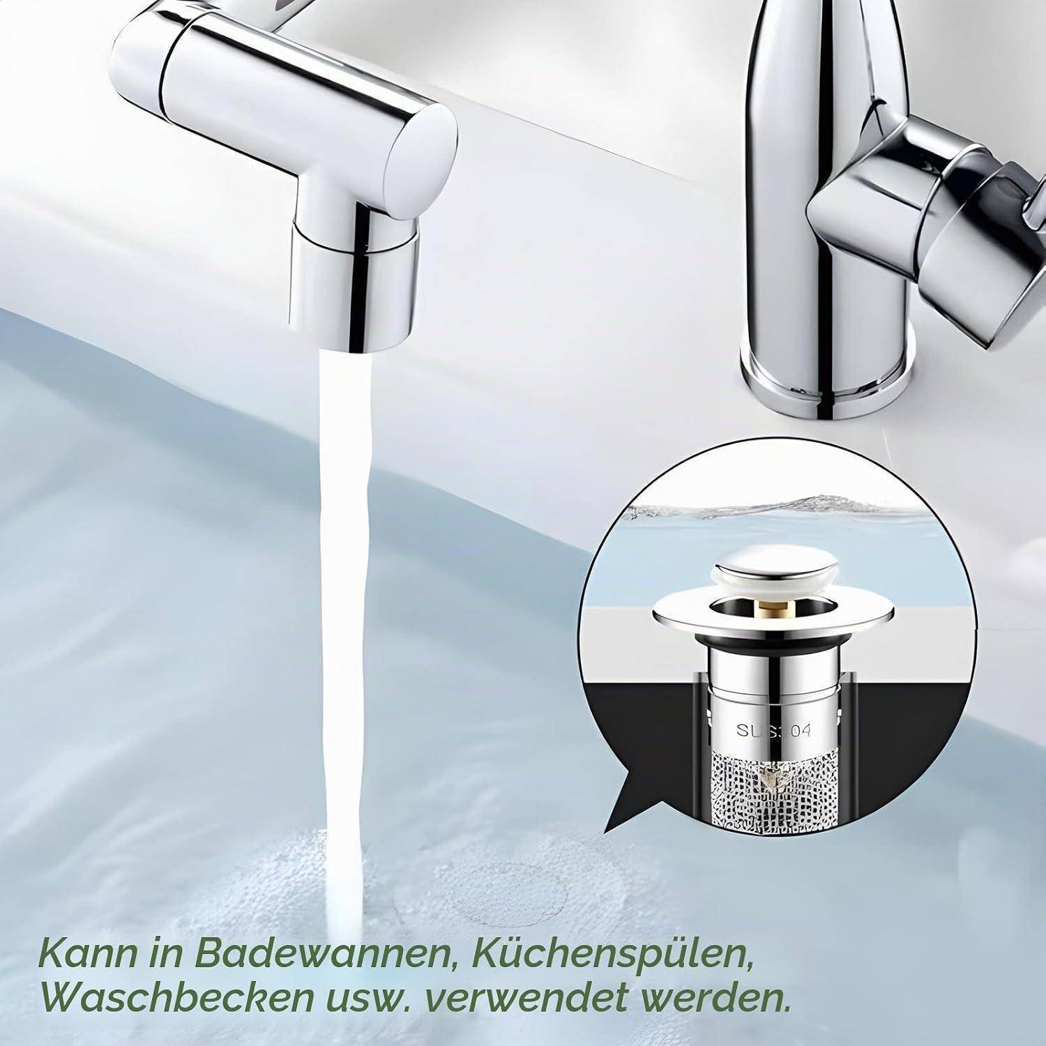 Chromarmaturen-Auslauf gießt Wasser in ein Waschbecken, mit eingefügtem Bild eines Edelstahl-Ablaufsieb; deutscher Text besagt, dass er in Badewannen, Küchenspülen und Waschtischen verwendet werden kann.