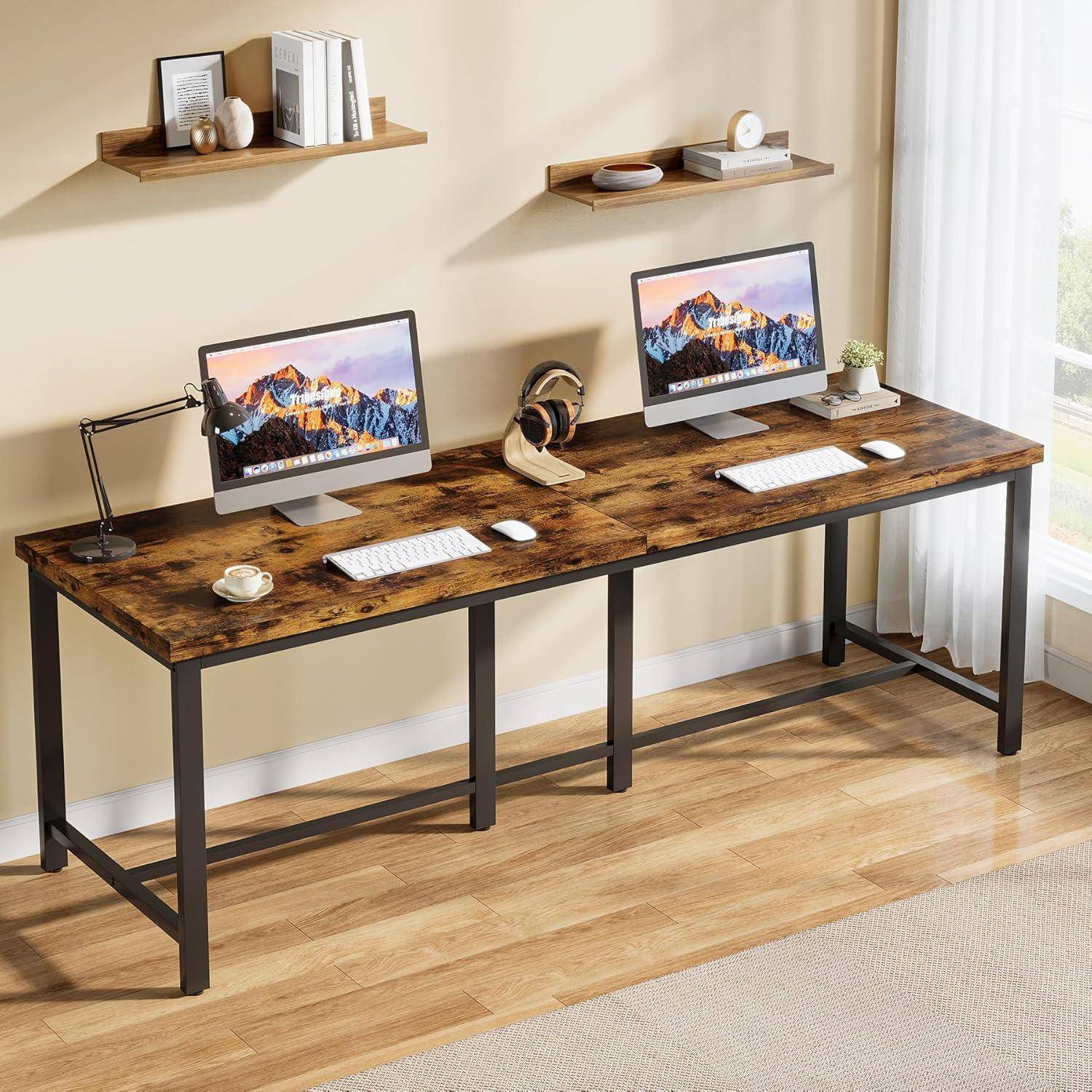 Tribesigns Doppelschreibtisch, 200cm Extra Lange Computertisch,Schreibtisch, Bürotisch für Arbeitszimmer, Schlafzimmer, Homeoffice, Industrie-Design